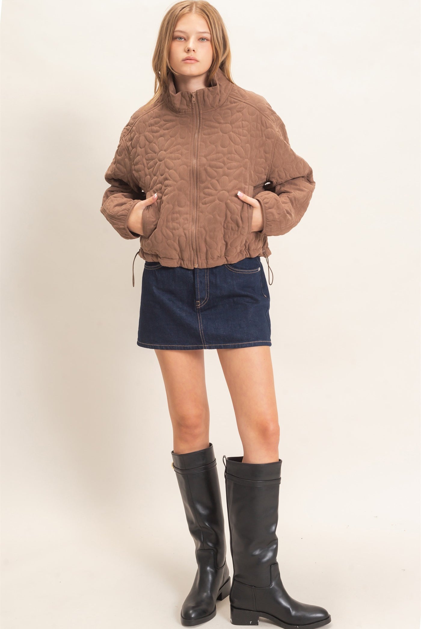 Wholesale Daisy Quilted Mock Neck Jacket Coats & Jackets HF26C821 BROWN HYFVE