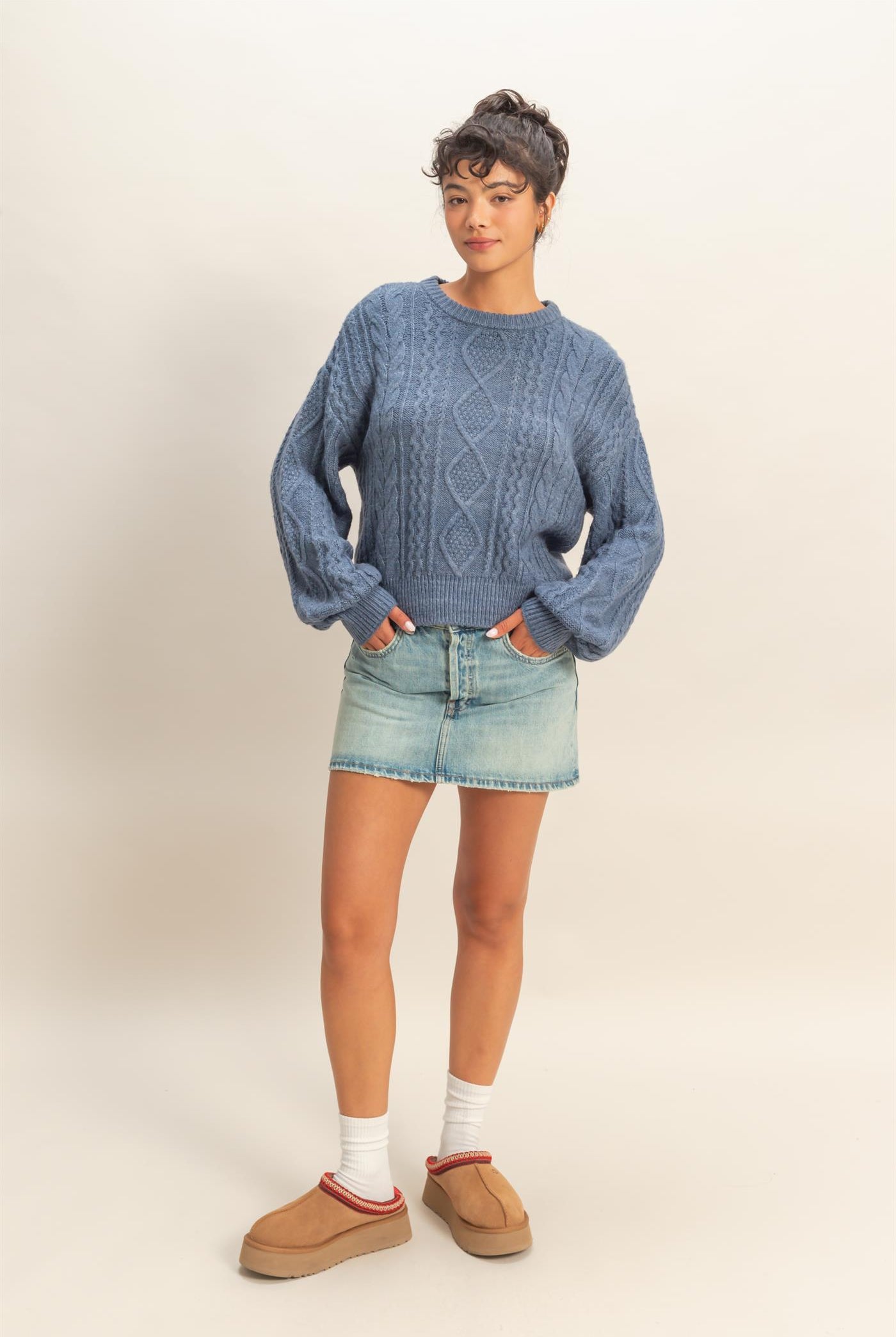 Wholesale Cable Knit Balloon Sleeve Sweater Sweaters DZ25F126 DUSTY NAVY DOUBLE ZERO