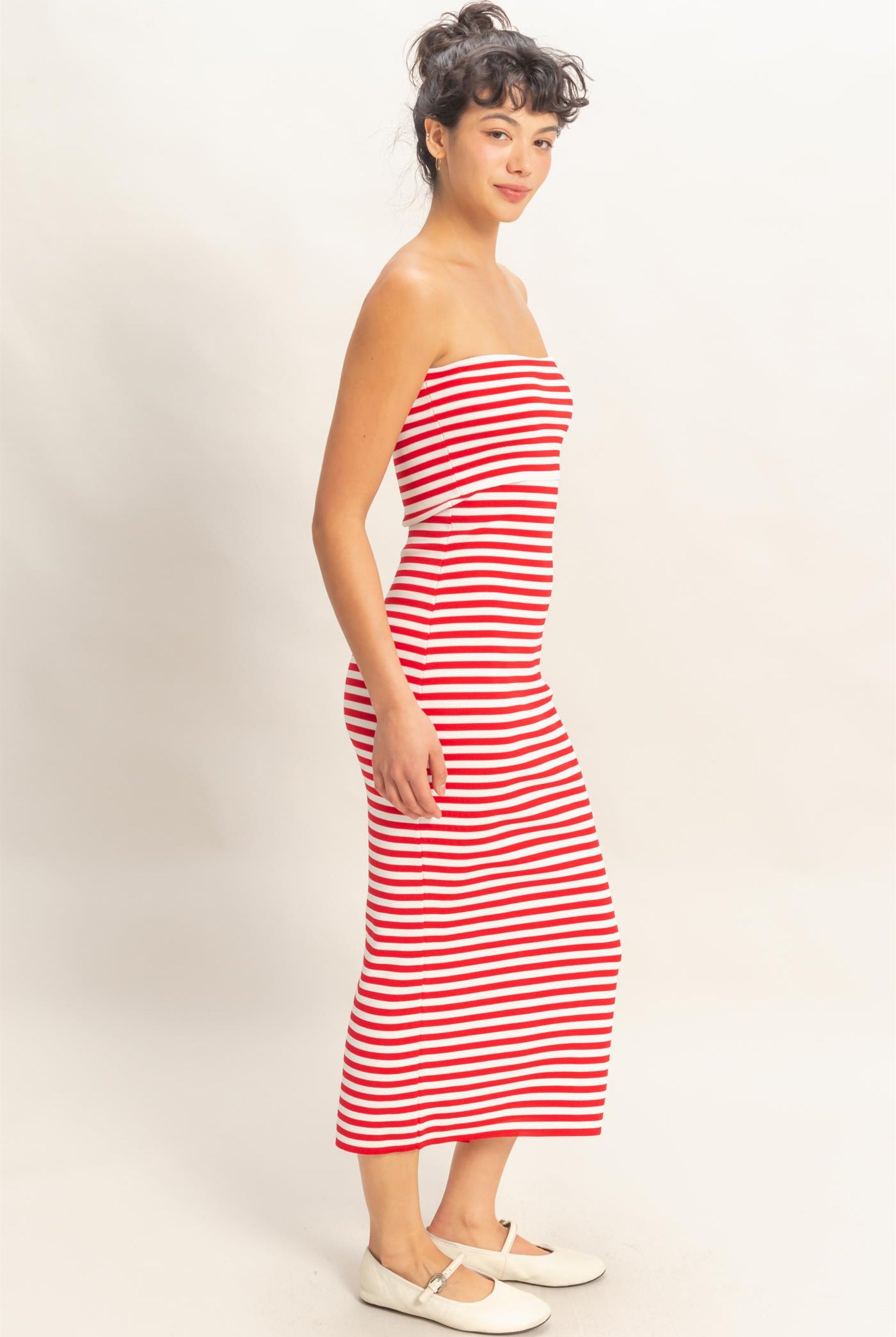 Wholesale Strapless Striped Bodycon Midi Dress Dresses DZ26C336 RED DOUBLE ZERO