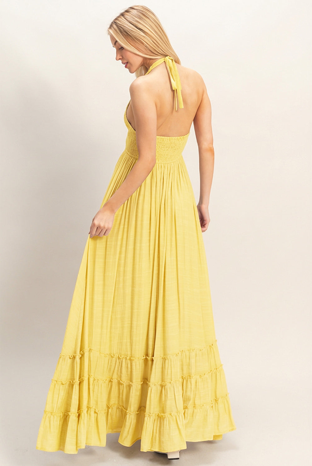 Wholesale Halter Neck Smocked Maxi Dress Dresses HF26C287-D LIGHT YELLOW HYFVE
