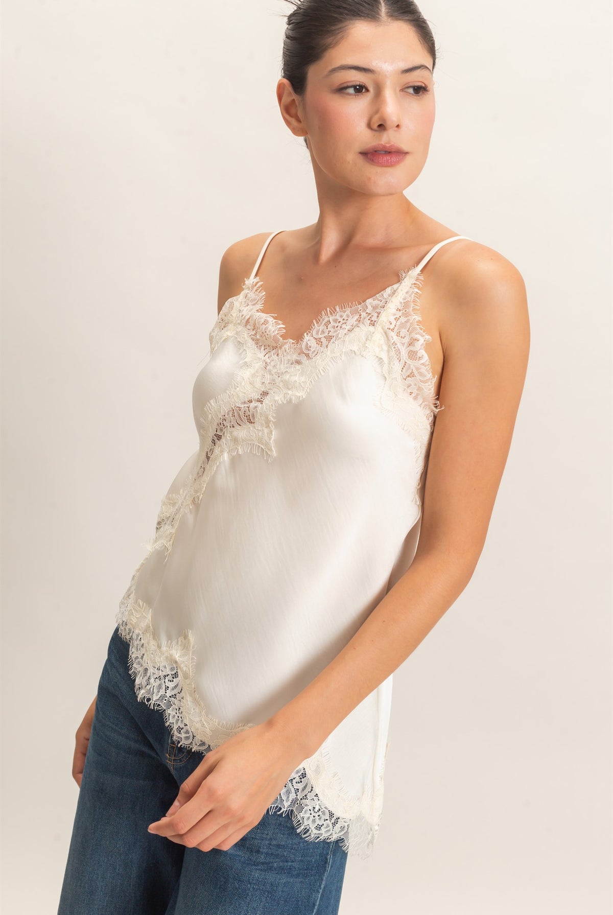 Wholesale Asymmetrical Satin Lace Top Camisoles HF26C945-D CREAM HYFVE