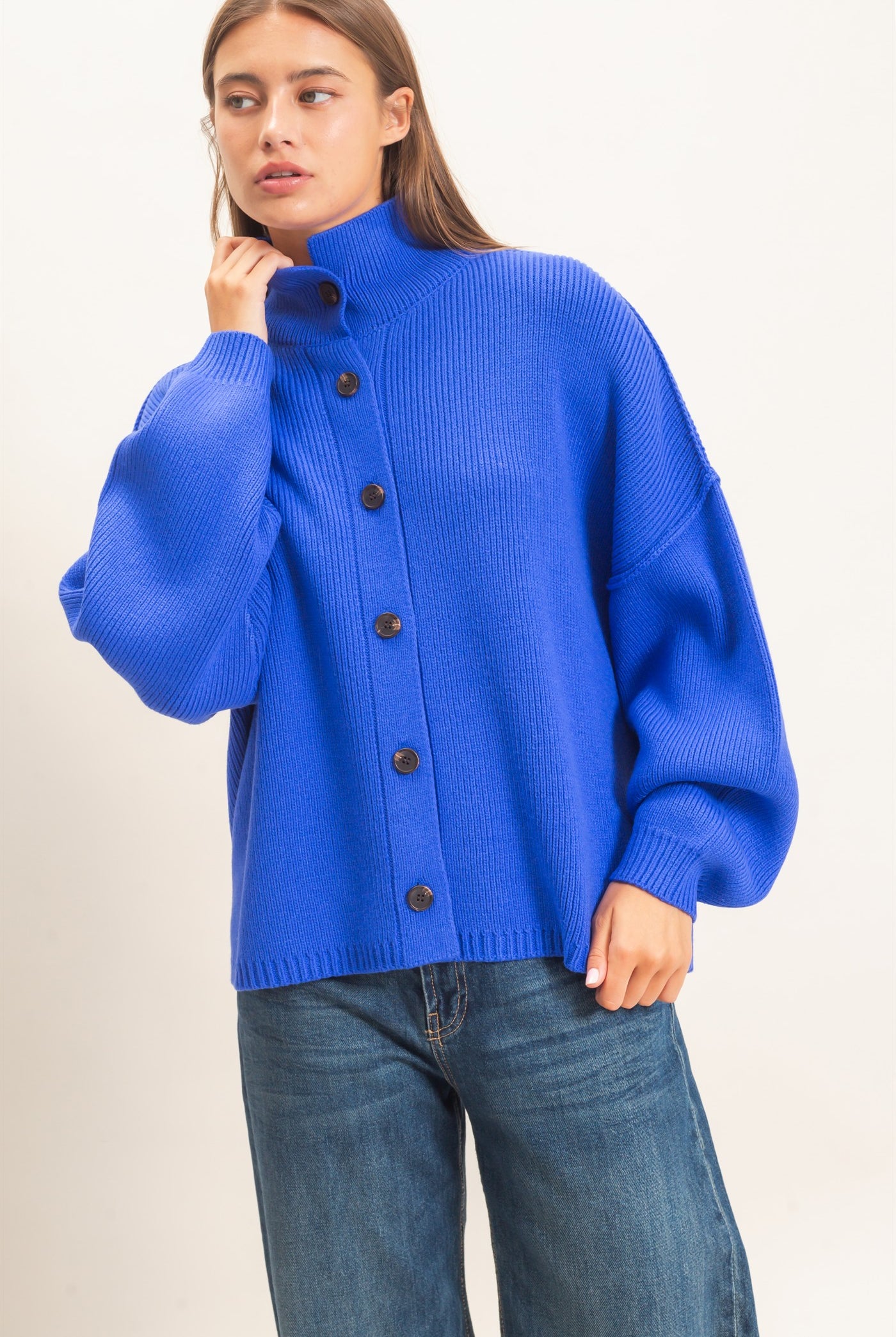 Wholesale High Neck Oversized Cardigan Cardigans DZ26E280 COBALT DOUBLE ZERO