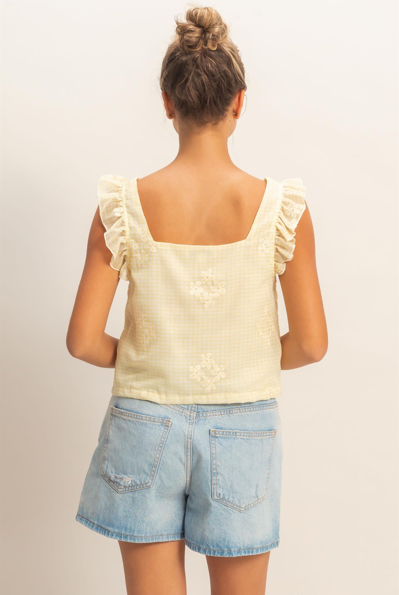 Wholesale Embroidered Gingham Tie Front Top Clothing HF26A501 YELLOW HYFVE