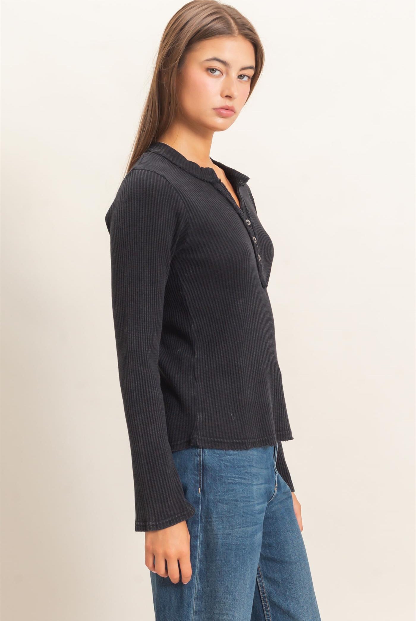 Wholesale Mineral Wash Waffle Henley Long Sleeve Top Clothing Tops DZ26E243 BLACK DOUBLE ZERO