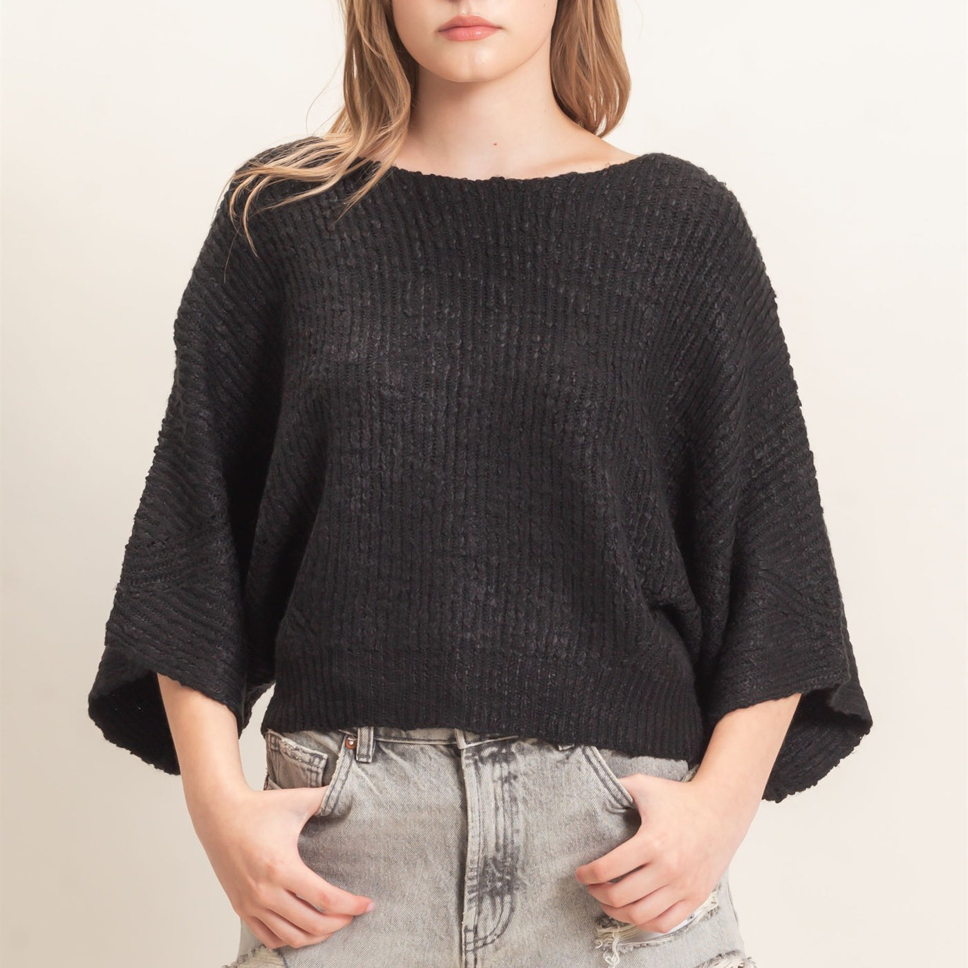 Wholesale Ribbed Boat Neck Sweater Sweaters HF26F201 BLACK HYFVE