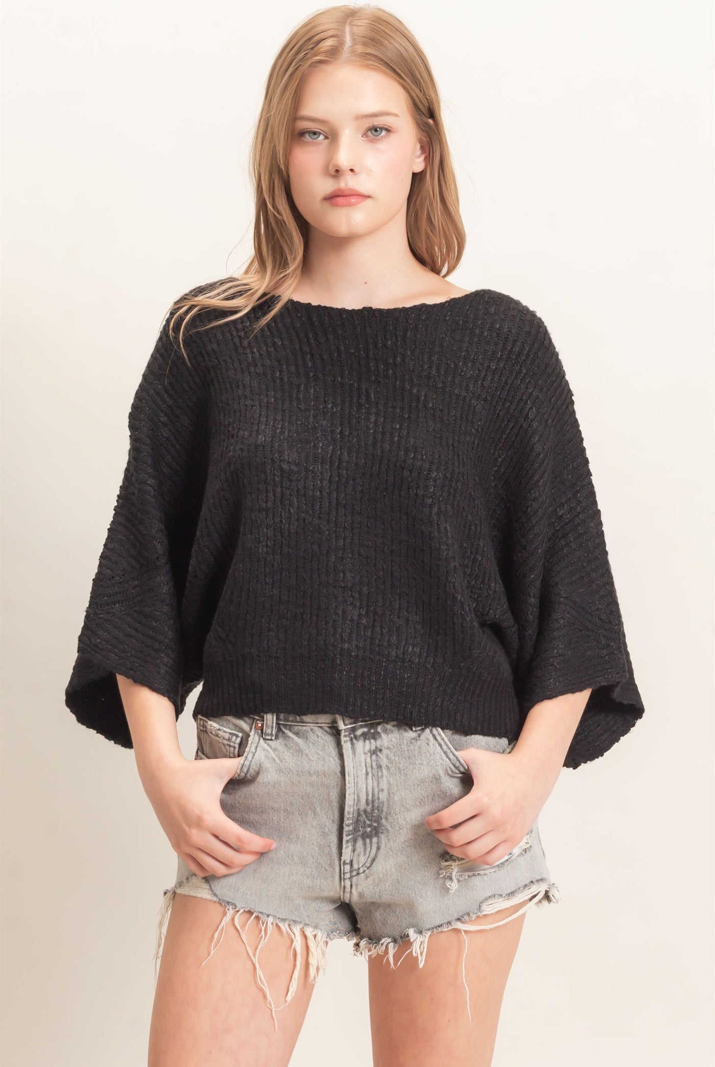 Wholesale Ribbed Boat Neck Sweater Sweaters HF26F201 BLACK HYFVE