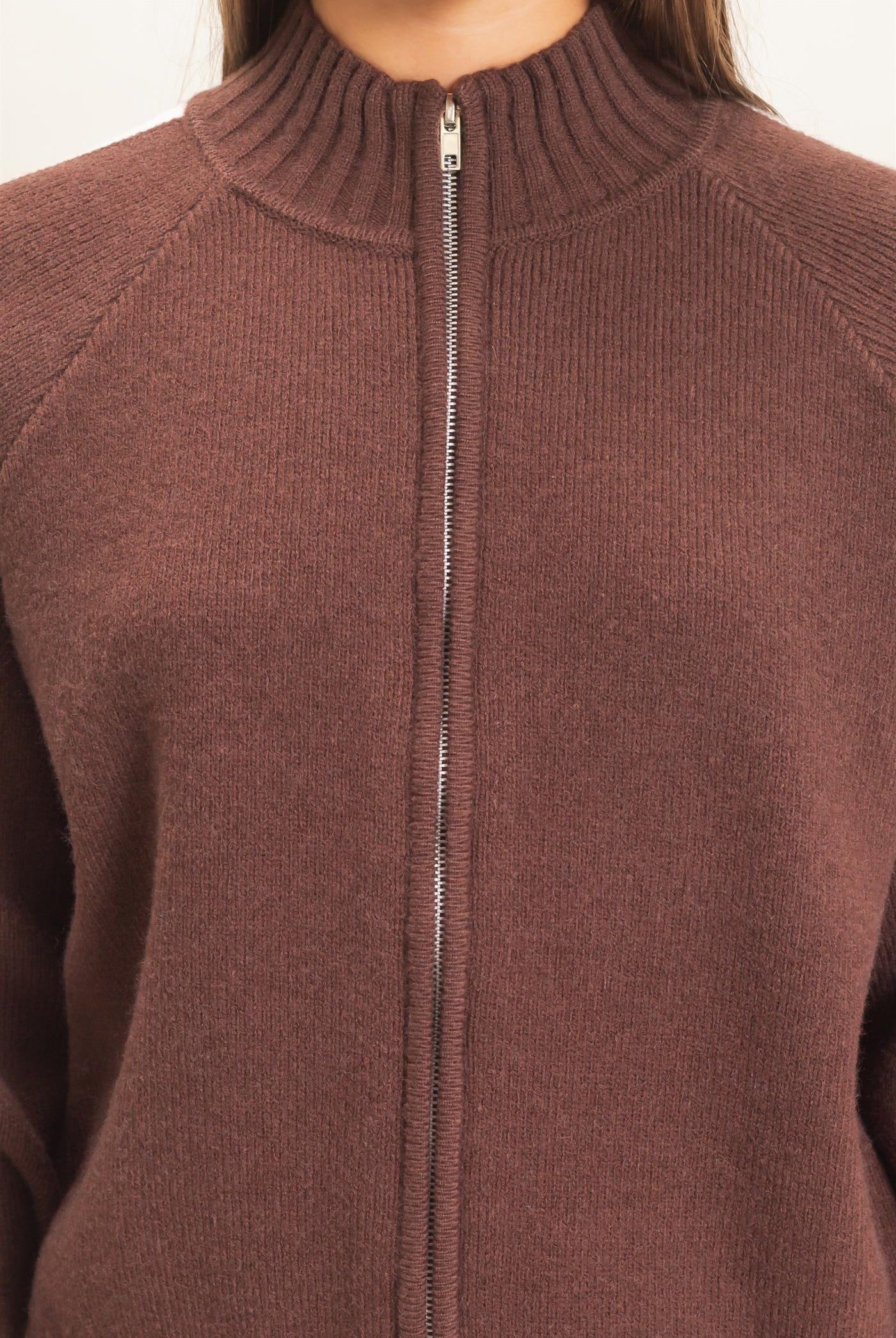 Wholesale Contrast Stripe Zip-Up Sweater Sweaters DZ26E861 DARK BROWN DOUBLE ZERO