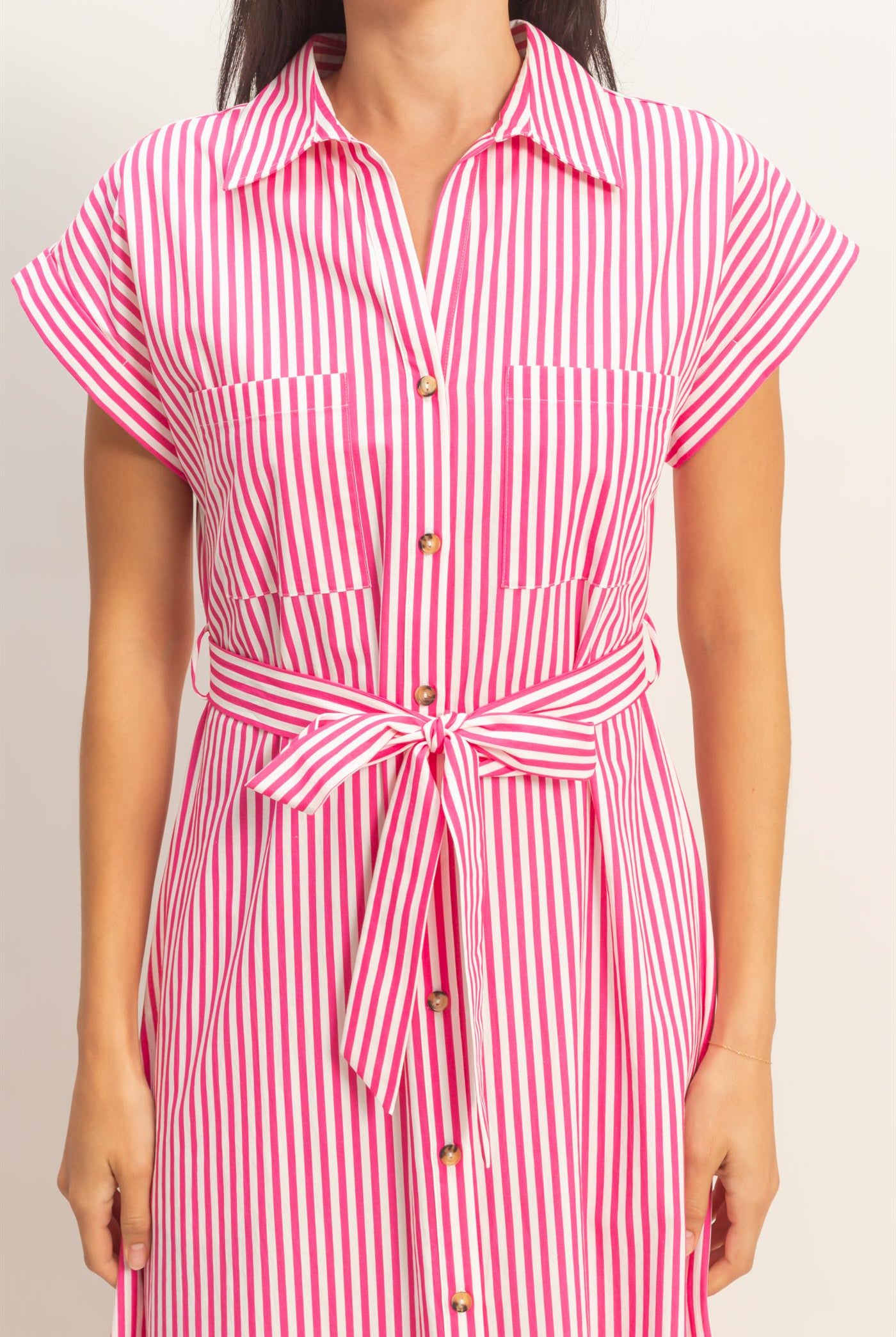 Wholesale Striped Poplin Belted Shirt Dress With Pockets Dresses DZ26C129 PINK DOUBLE ZERO