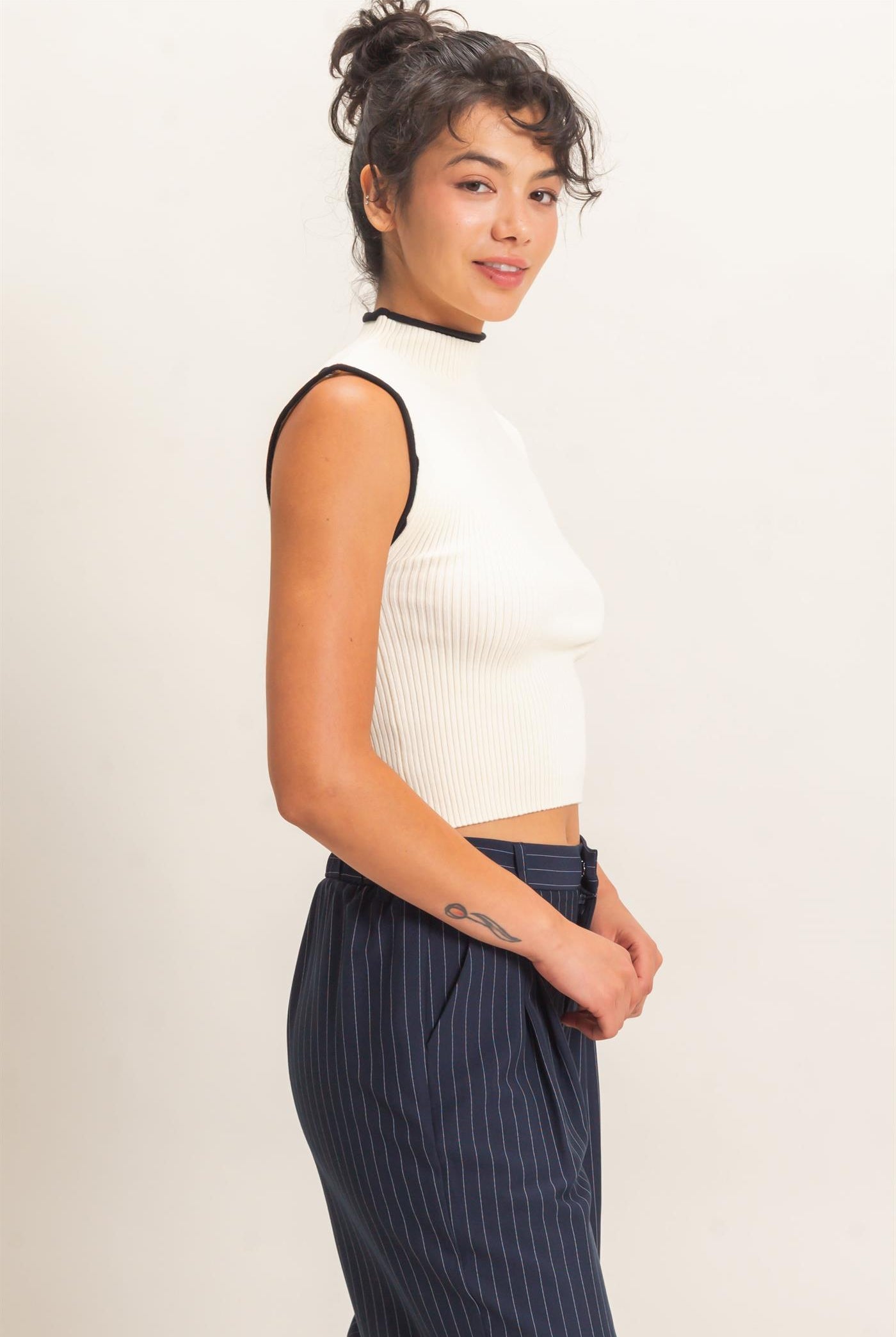 Wholesale Ribbed Mock Neck Sleeveless Top Clothing Tops DZ26E777 CREAM DOUBLE ZERO