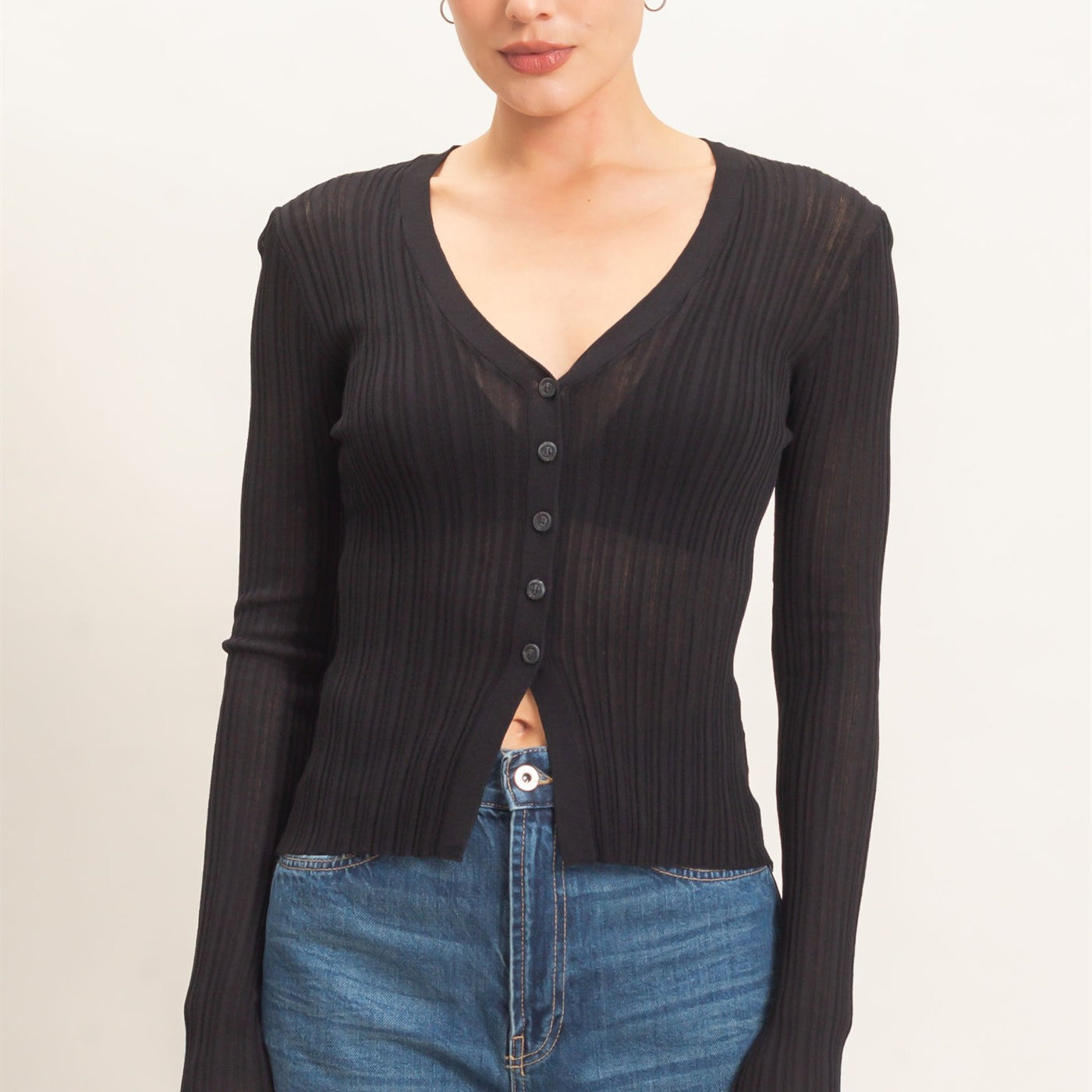 Wholesale Ribbed V-Neck Cardigan Cardigans HF26E154 BLACK HYFVE