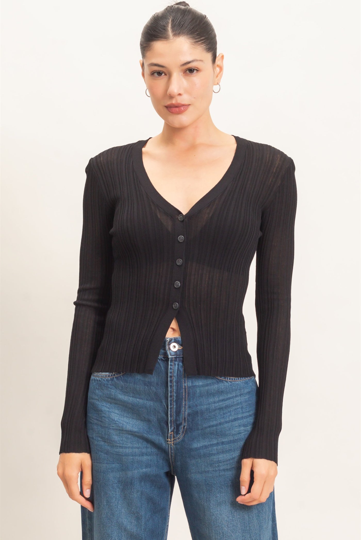 Wholesale Ribbed V-Neck Cardigan Cardigans HF26E154 BLACK HYFVE