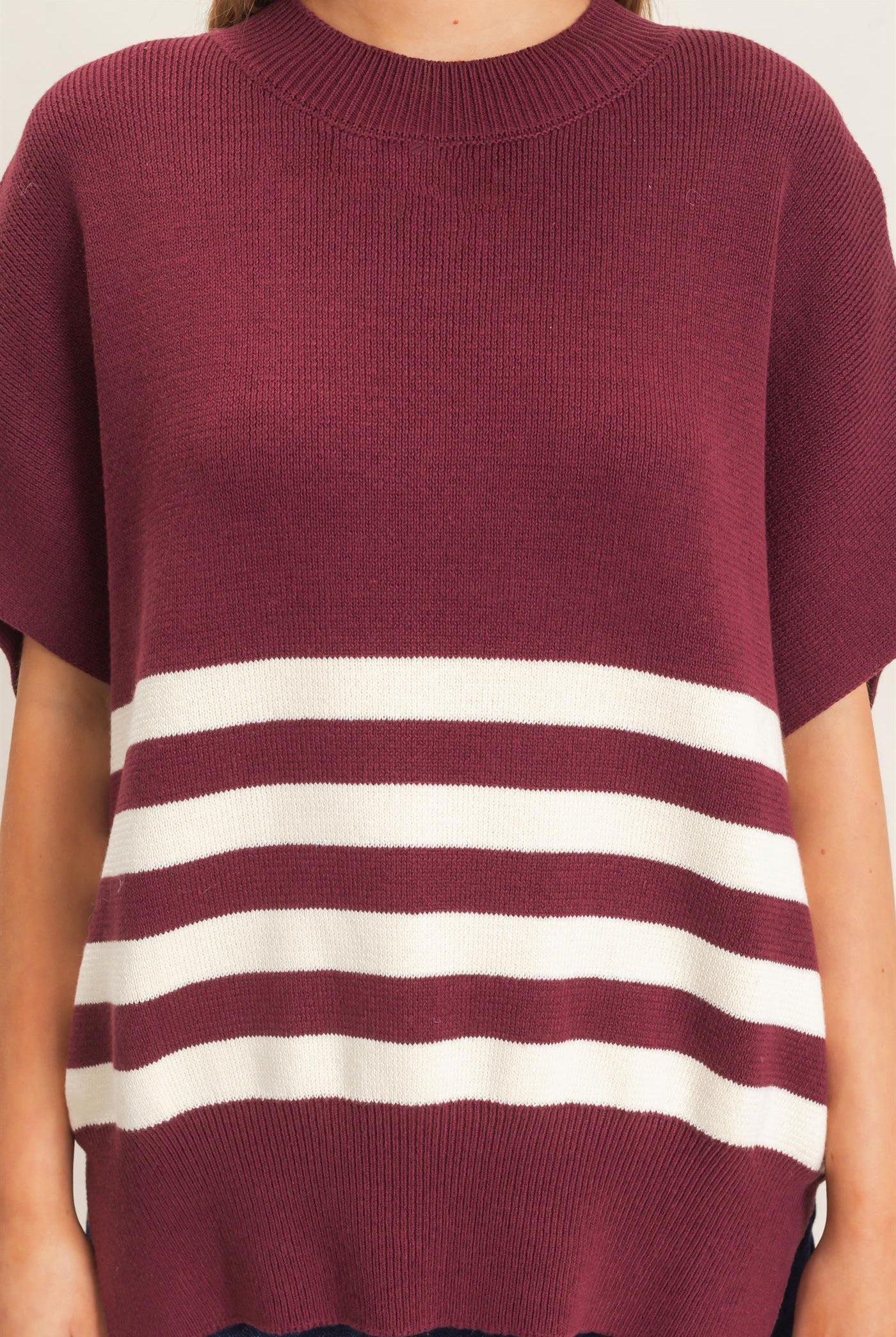 Wholesale Striped Ribbed Crew Neck Sweater Sweaters HF26E350-D WINE HYFVE