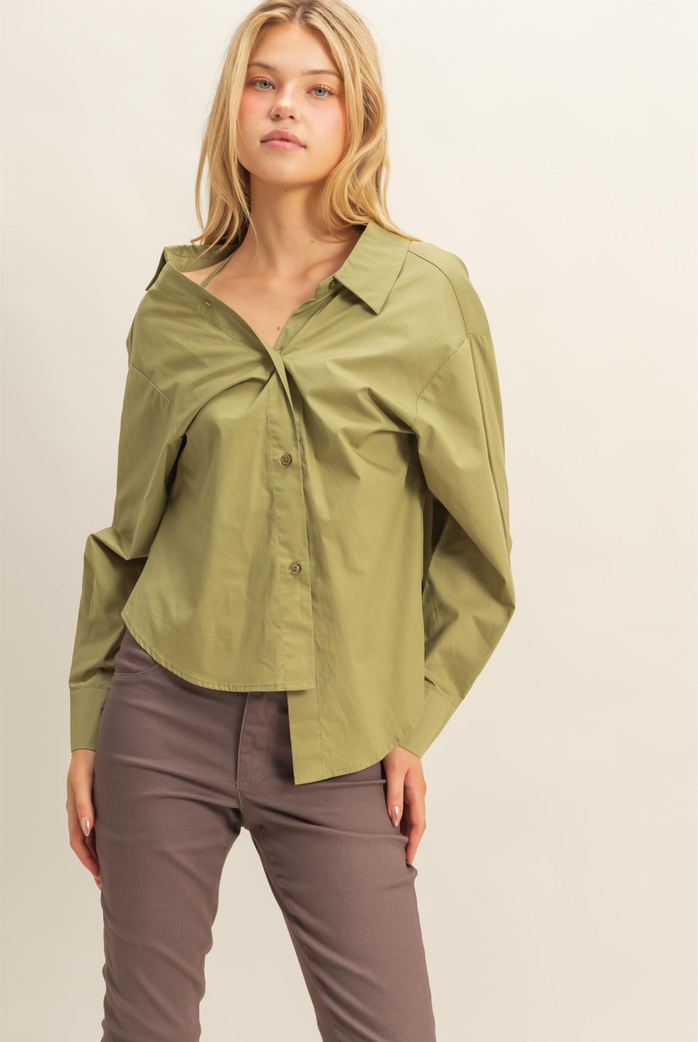 Wholesale Off-The-Shoulder Asymmetrcal Button-Up Shirt Clothing Tops HF22G139 OLIVE HYFVE