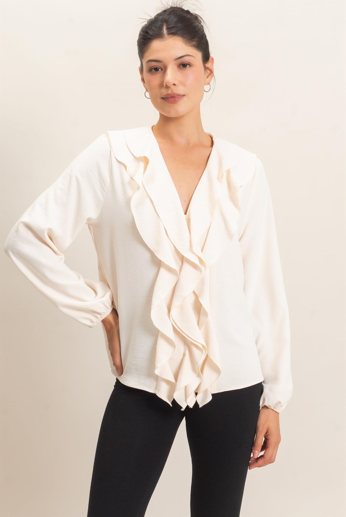Wholesale Ruffled V-Neck Button-Up Blouse Blouses HF26C739 ALPACA HYFVE