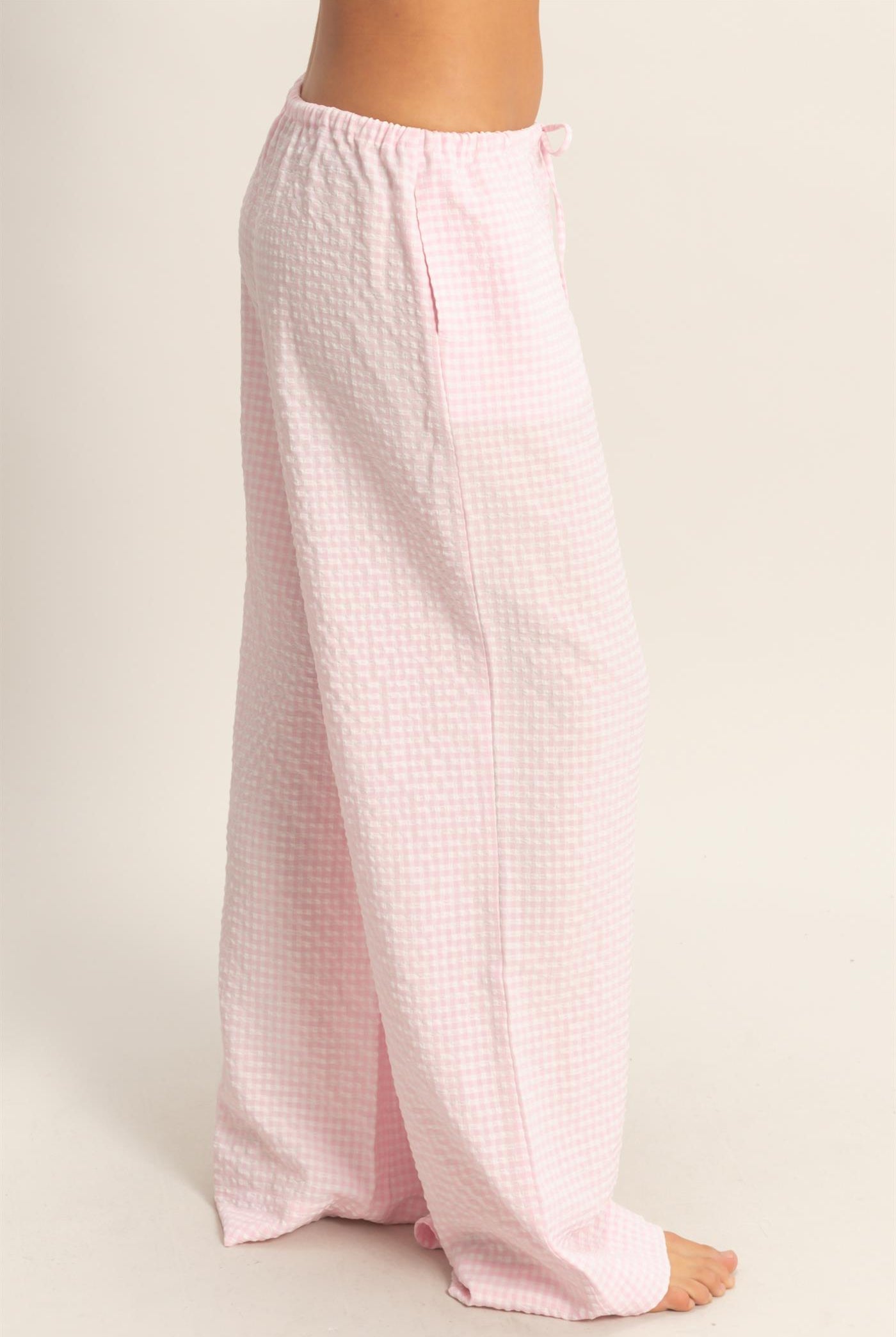 Wholesale Gingham Drawstring Wide-Leg Pants Pants DZ26C202 PINK DOUBLE ZERO