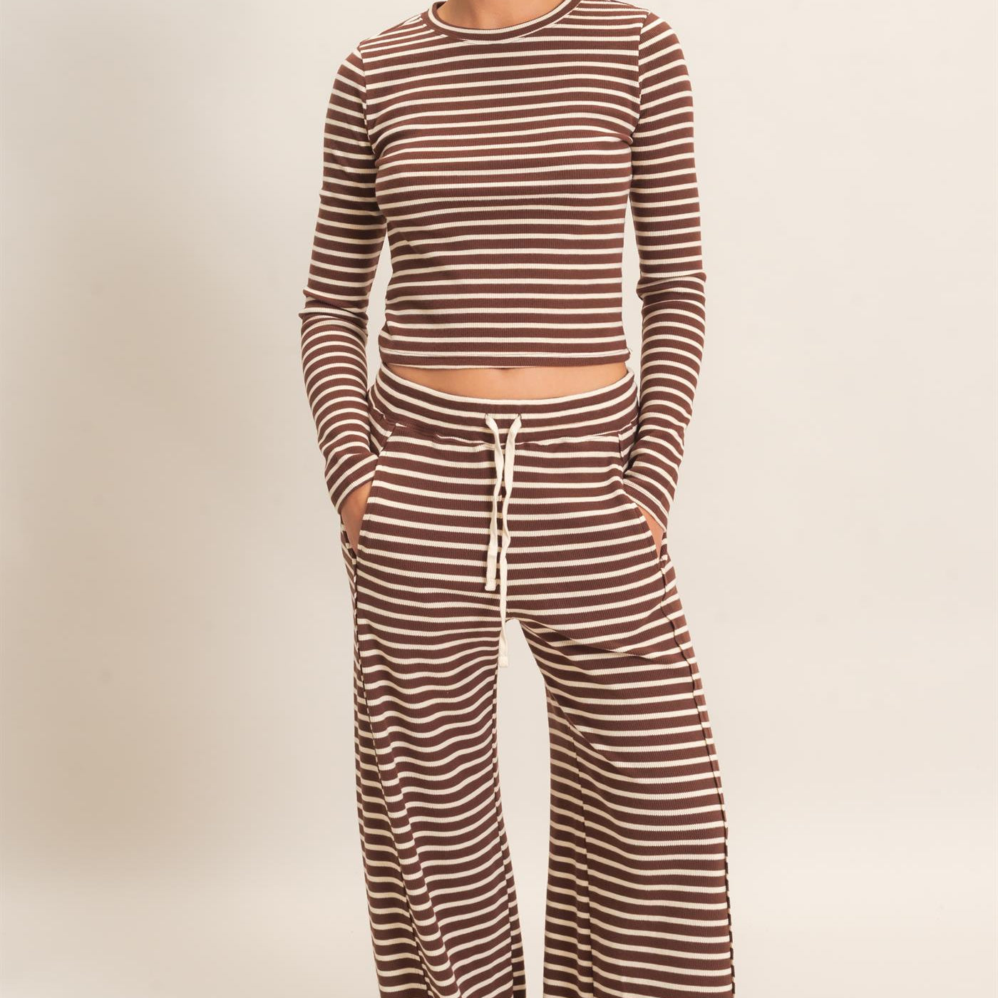 Wholesale Striped Waffle Long Sleeve Top & Pants Set Clothing DZ25F479-SET DARK BROWN DOUBLE ZERO