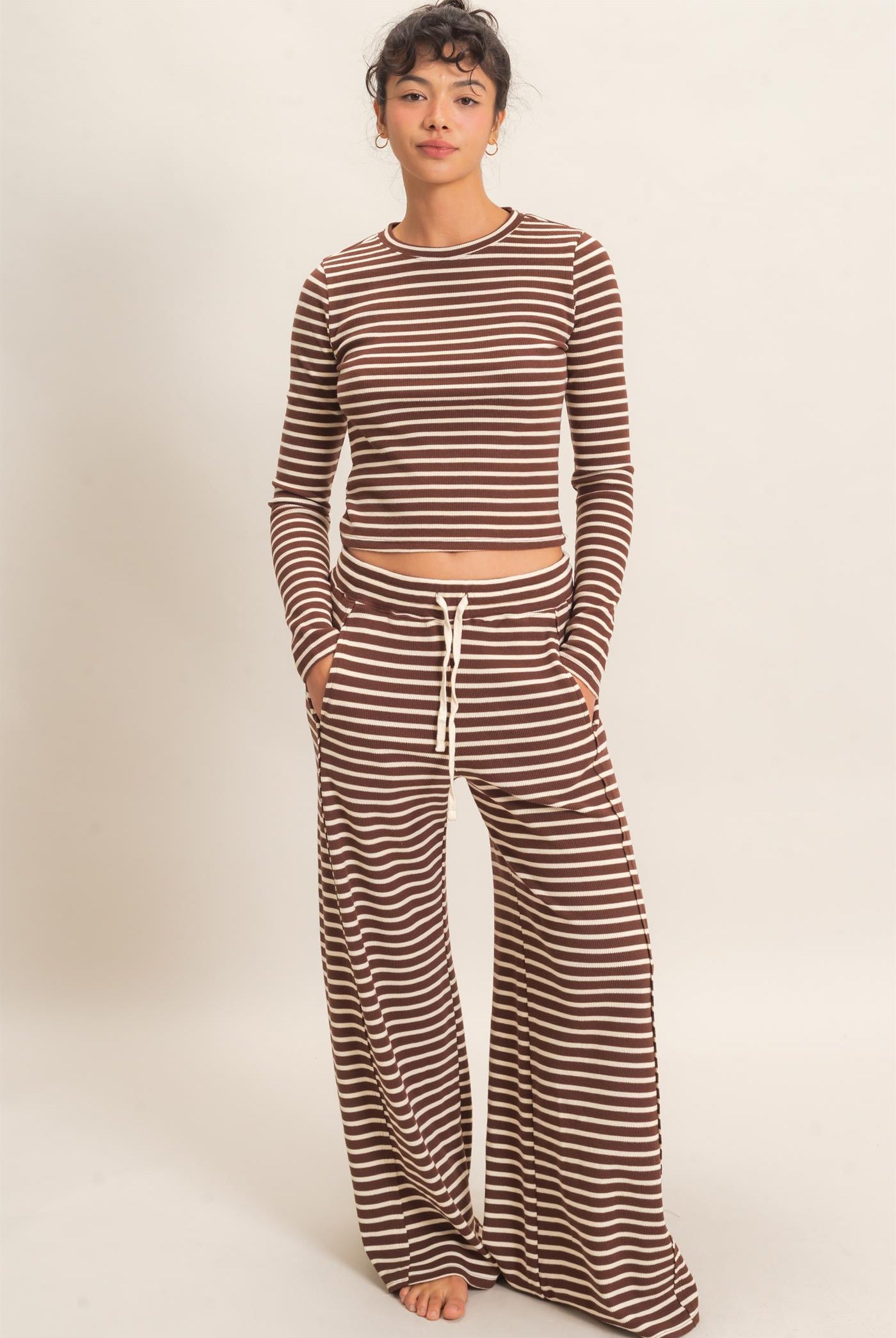 Wholesale Striped Waffle Long Sleeve Top & Pants Set Clothing DZ25F479-SET DARK BROWN DOUBLE ZERO