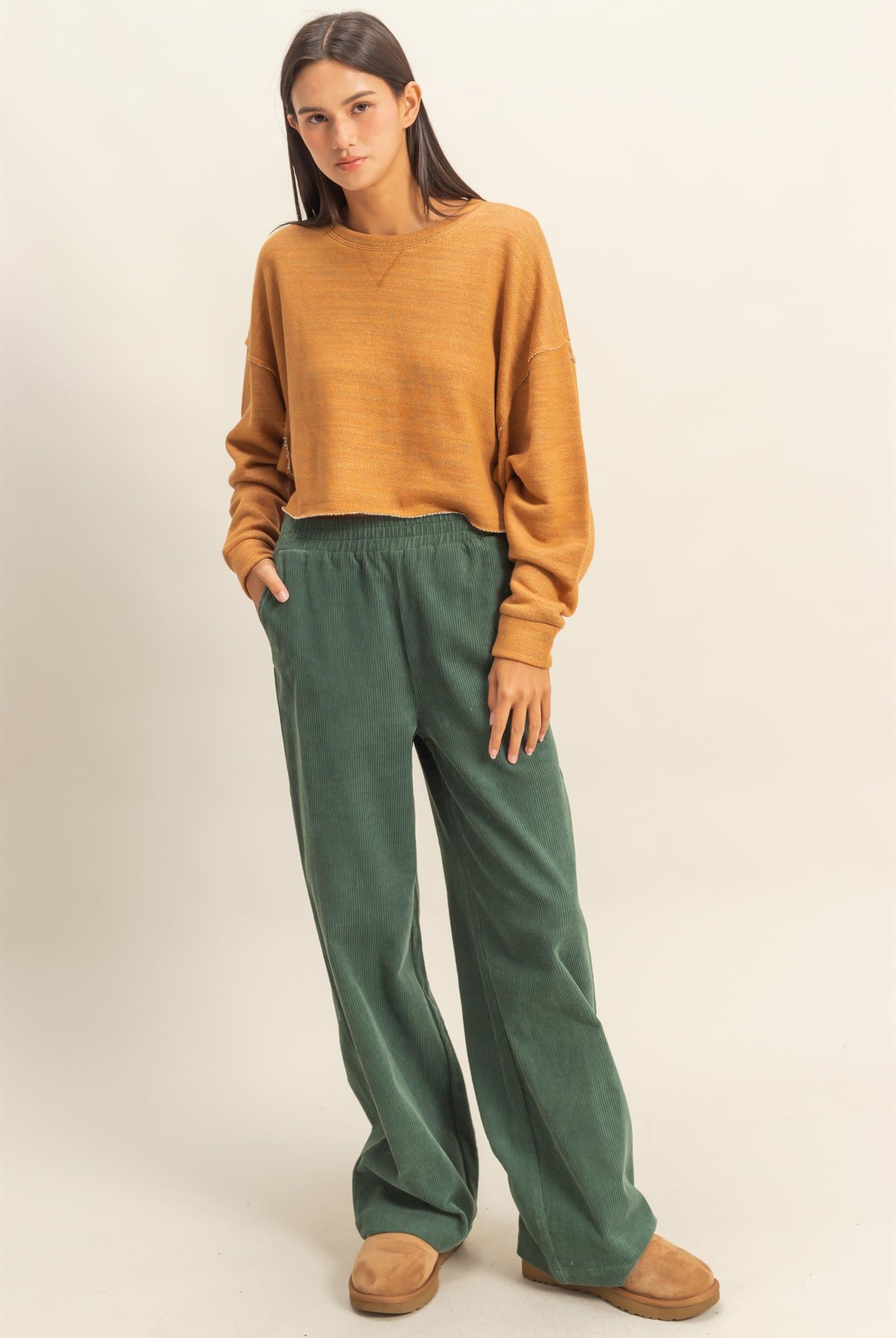 Wholesale Drop-Shoulder Cropped Top Clothing Tops DZ22G906 BROWN SUGAR DOUBLE ZERO