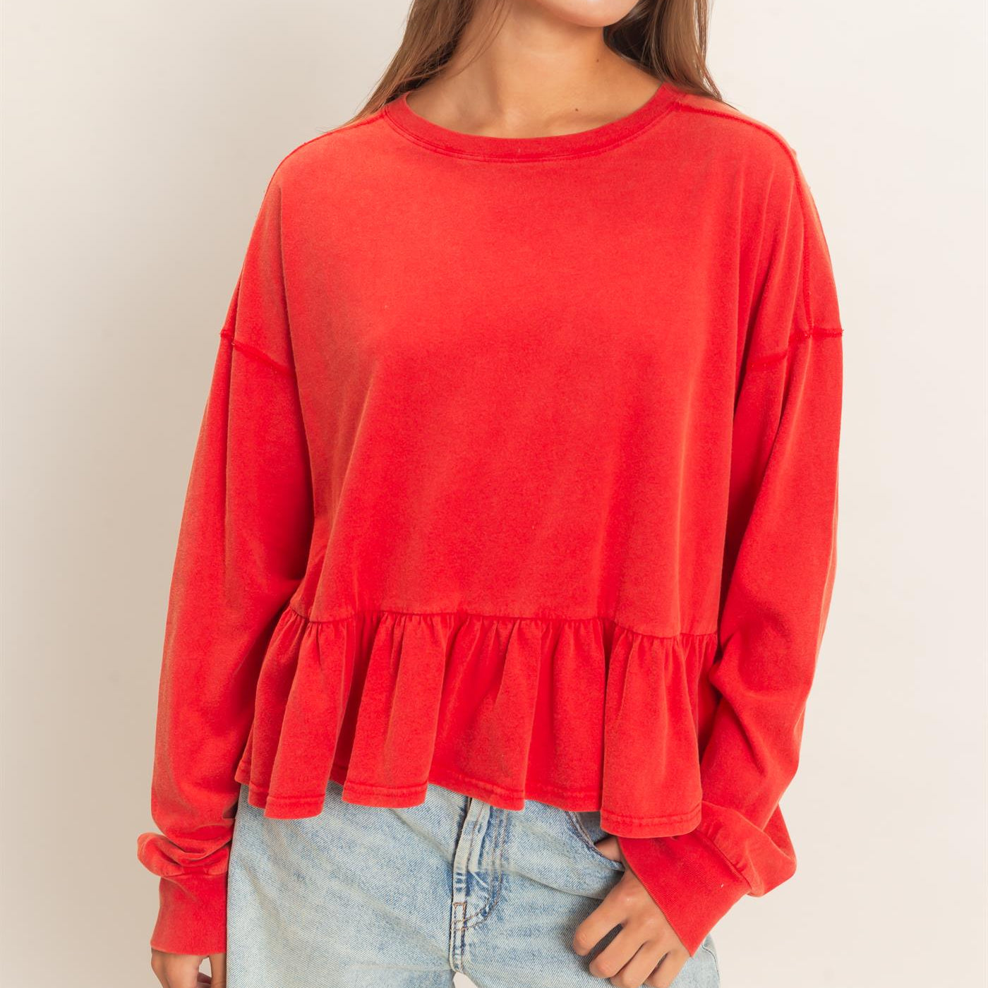 Wholesale Peplum Long Sleeve Top Clothing Tops DZ26F397 RED DOUBLE ZERO