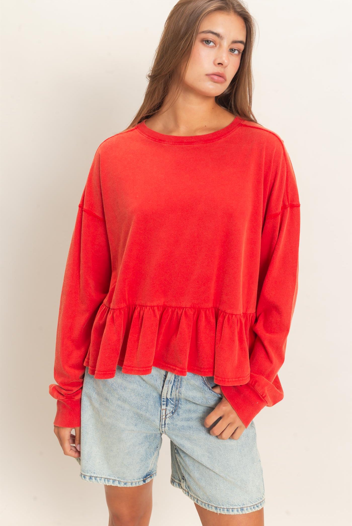 Wholesale Peplum Long Sleeve Top Clothing Tops DZ26F397 RED DOUBLE ZERO