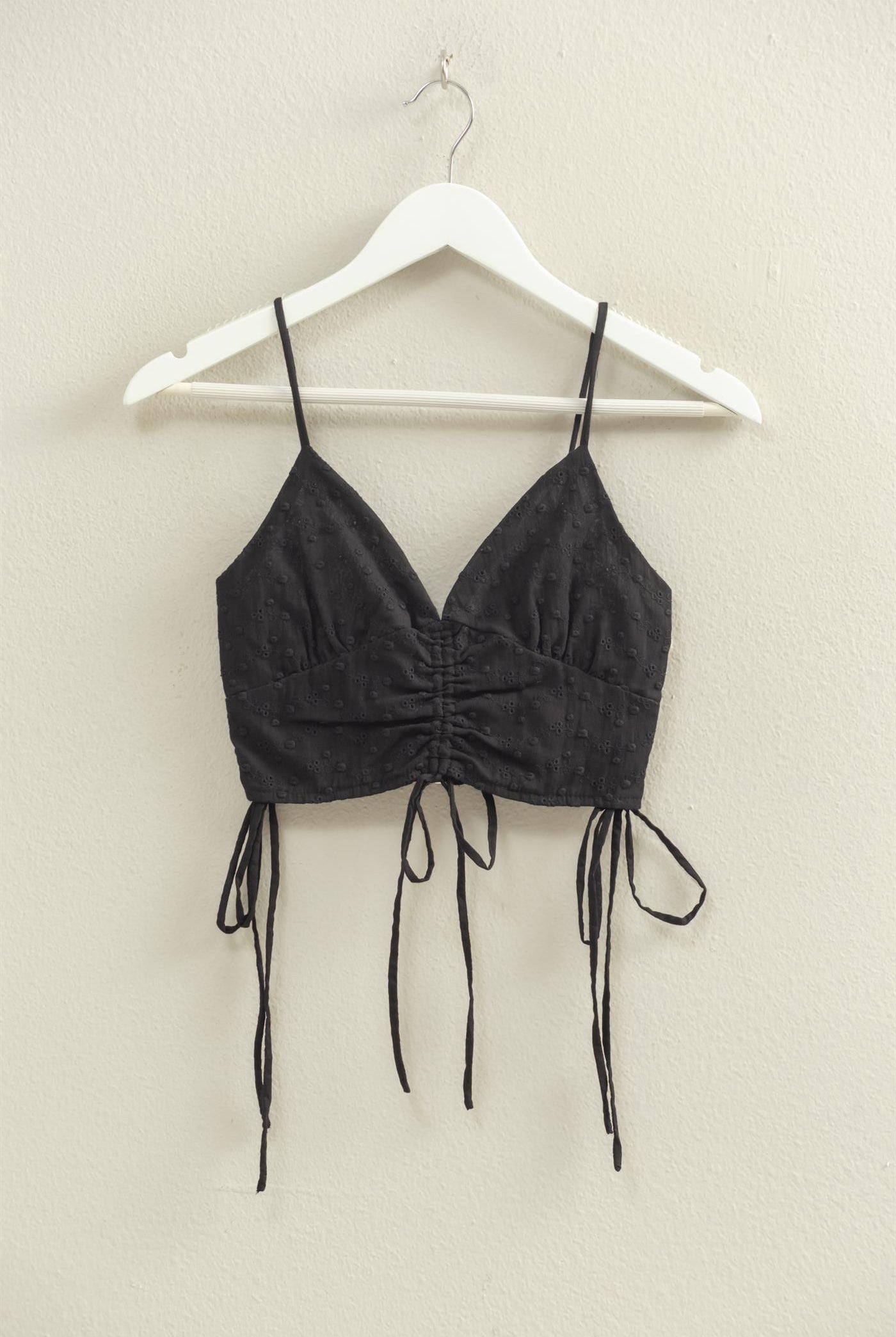 Wholesale Drawstring Detail Crop Cami Top Clothing Tops HF22C088 BLACK HYFVE