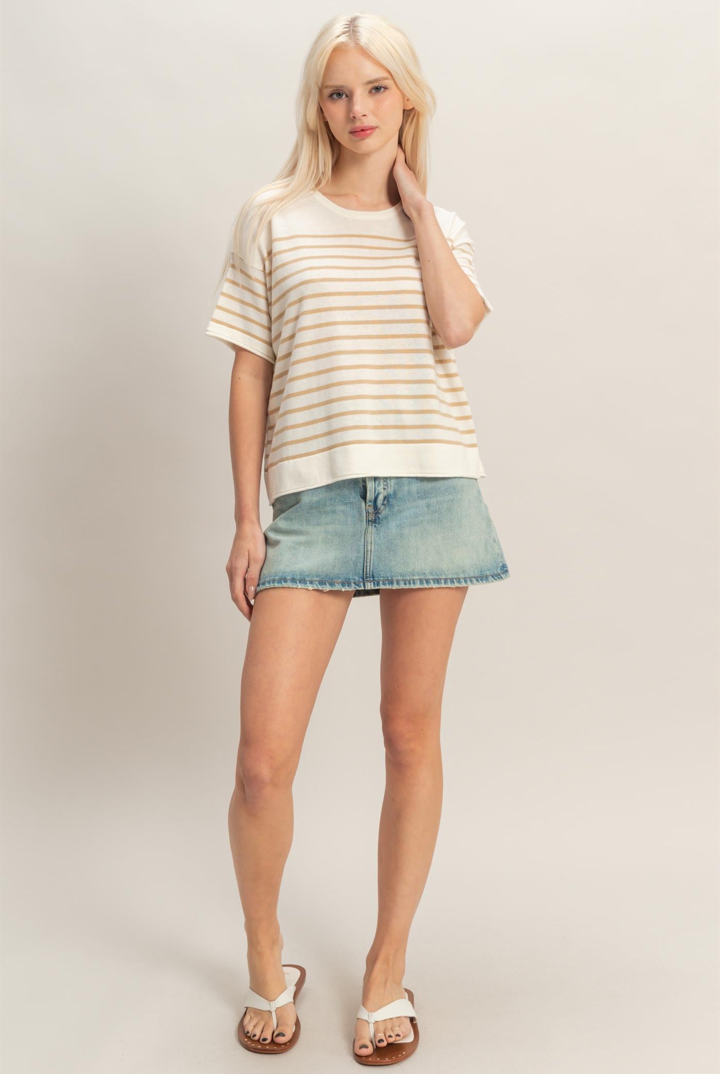 Wholesale Striped Short Sleeve Knit Top Clothing Tops DZ26A838 TAUPE DOUBLE ZERO