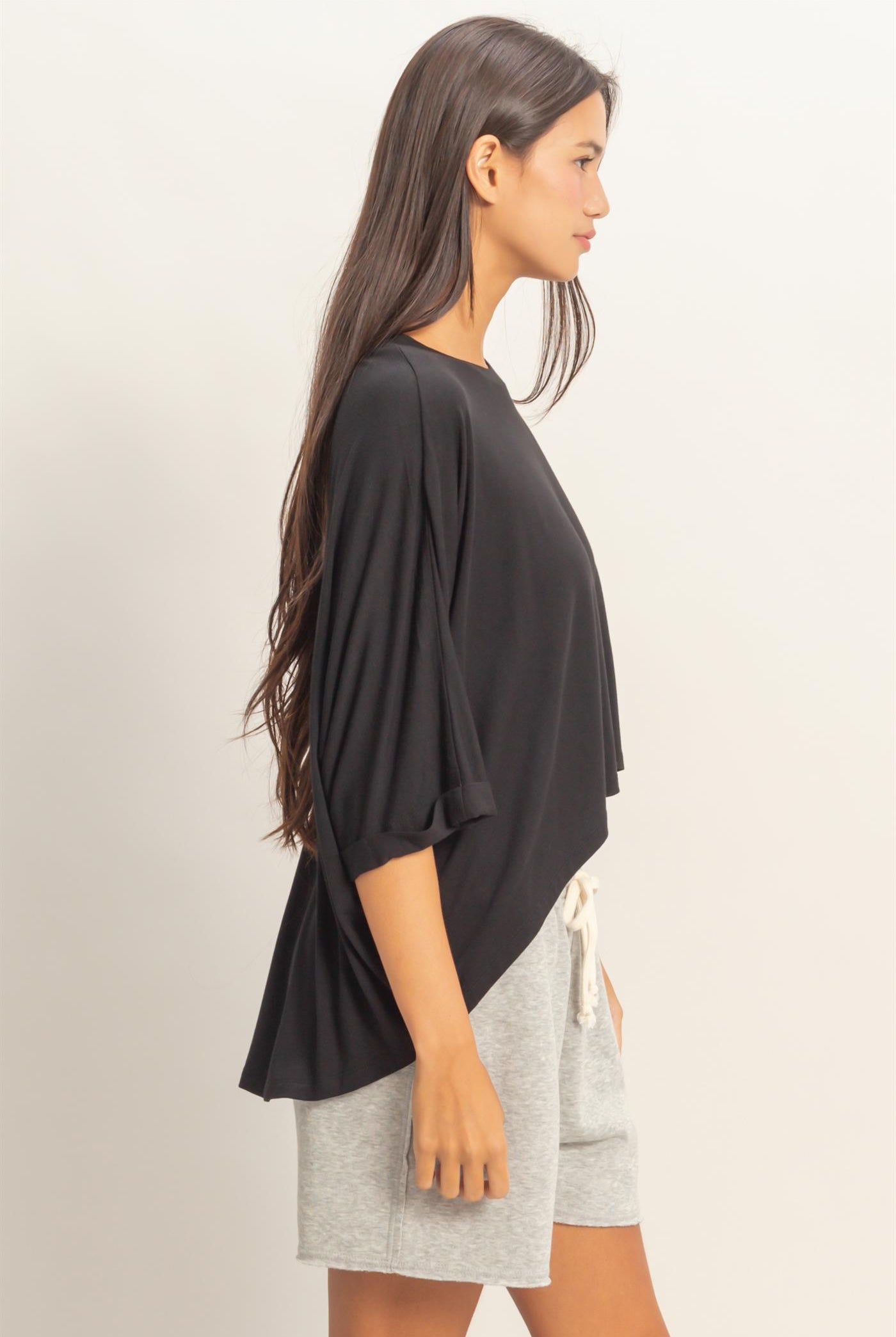 Wholesale Relaxed High-Low Batwing Sleeve Top Shirts DZ26A742 BLACK DOUBLE ZERO