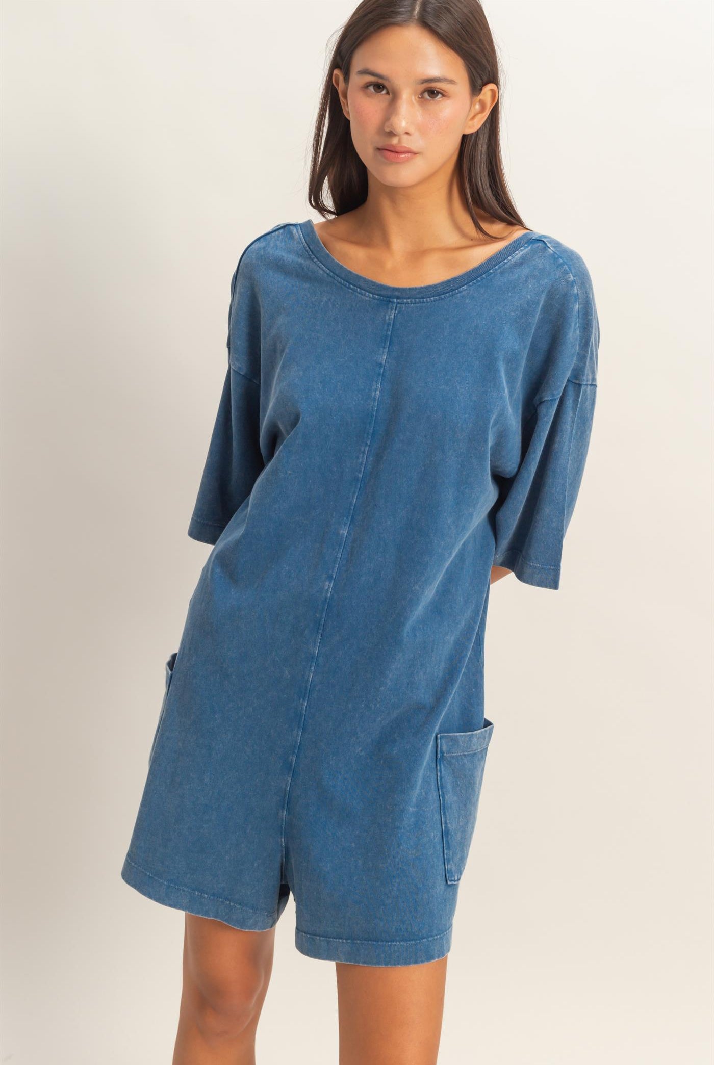 Wholesale Mineral Washed V-Back Romper Clothing DZ26A326 NAVY HYFVE