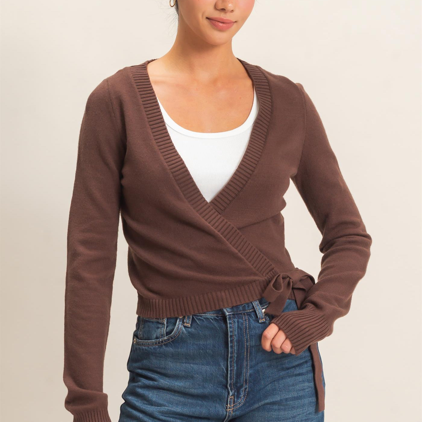 Wholesale Wrap Knit Cardigan Sweaters DZ26F393 DARK BROWN DOUBLE ZERO