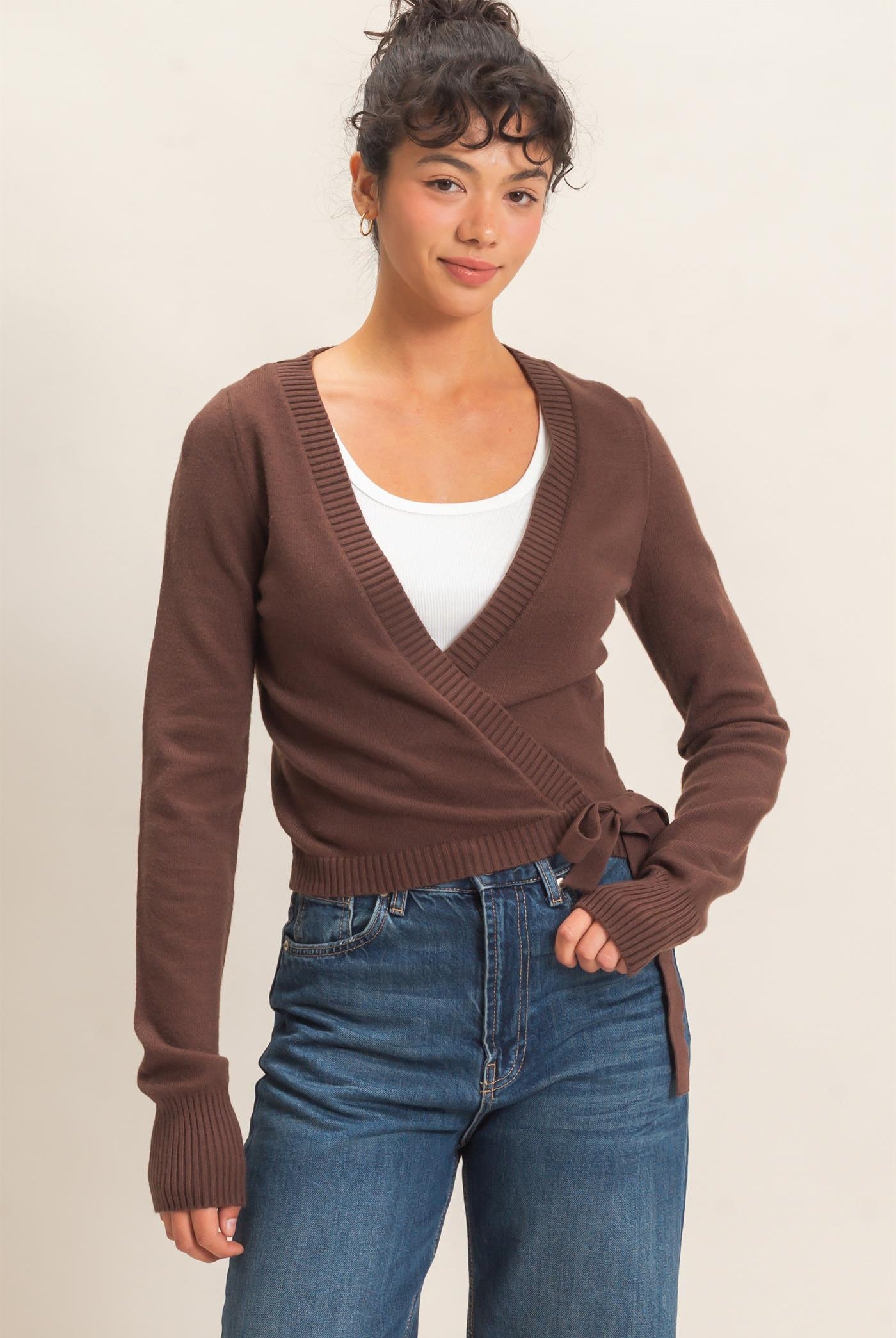 Wholesale Wrap Knit Cardigan Sweaters DZ26F393 DARK BROWN DOUBLE ZERO