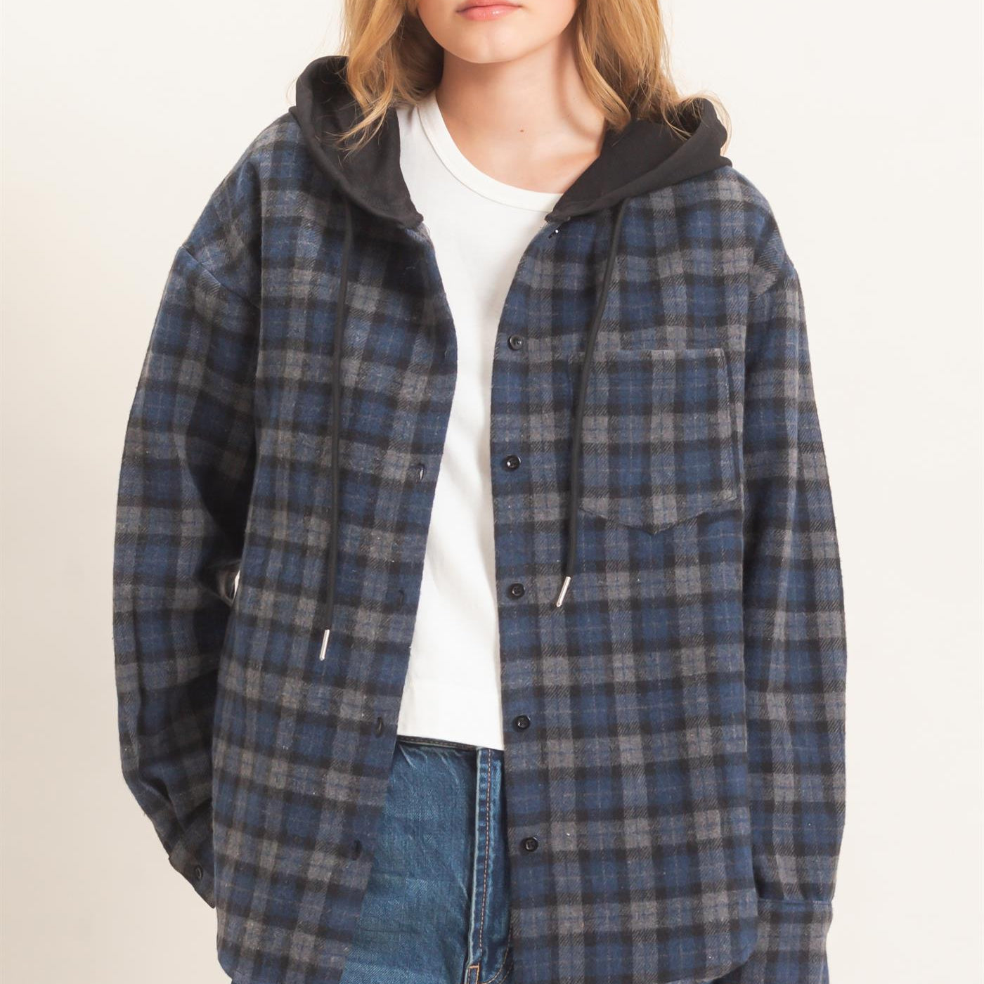Wholesale Hooded Plaid Button-Up Shirt Shirts HF26F018 NAVY HYFVE