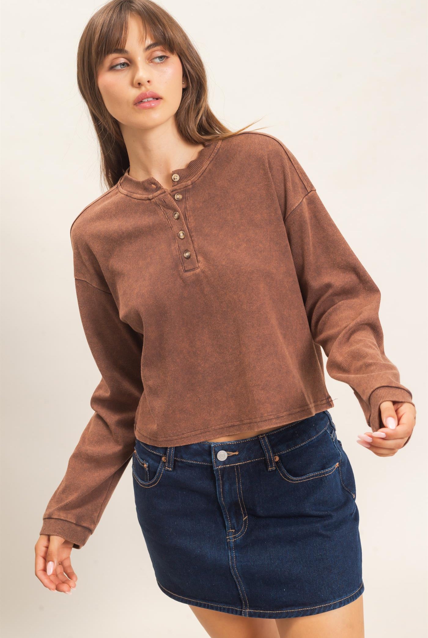 Wholesale Buttoned Henley Top Clothing Tops HF26F081 BROWN HYFVE