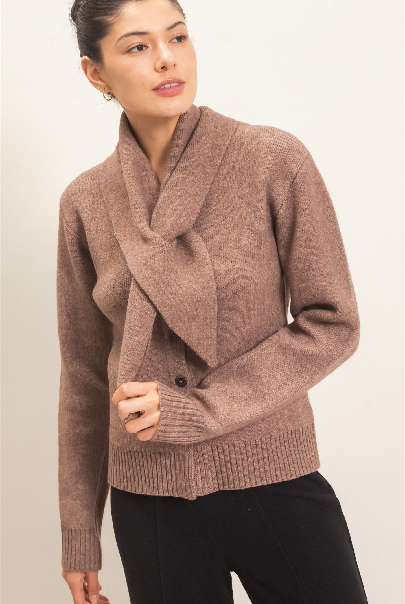 Wholesale Attached Scarf Button-Front Cardigan Cardigans HF26E870 MOCHA HYFVE
