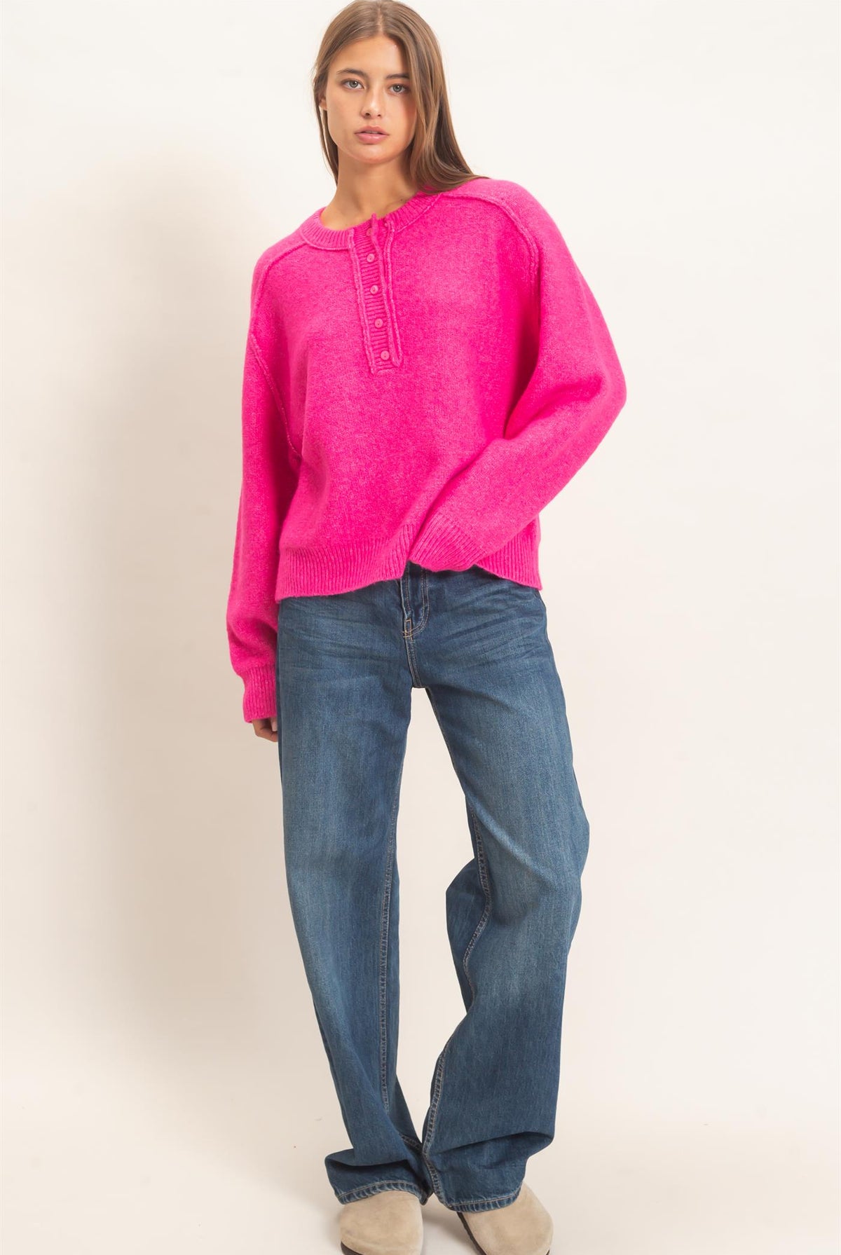Wholesale Henley Sweater With Reverse Seams Sweaters DZ26F004 FUCHSIA DOUBLE ZERO