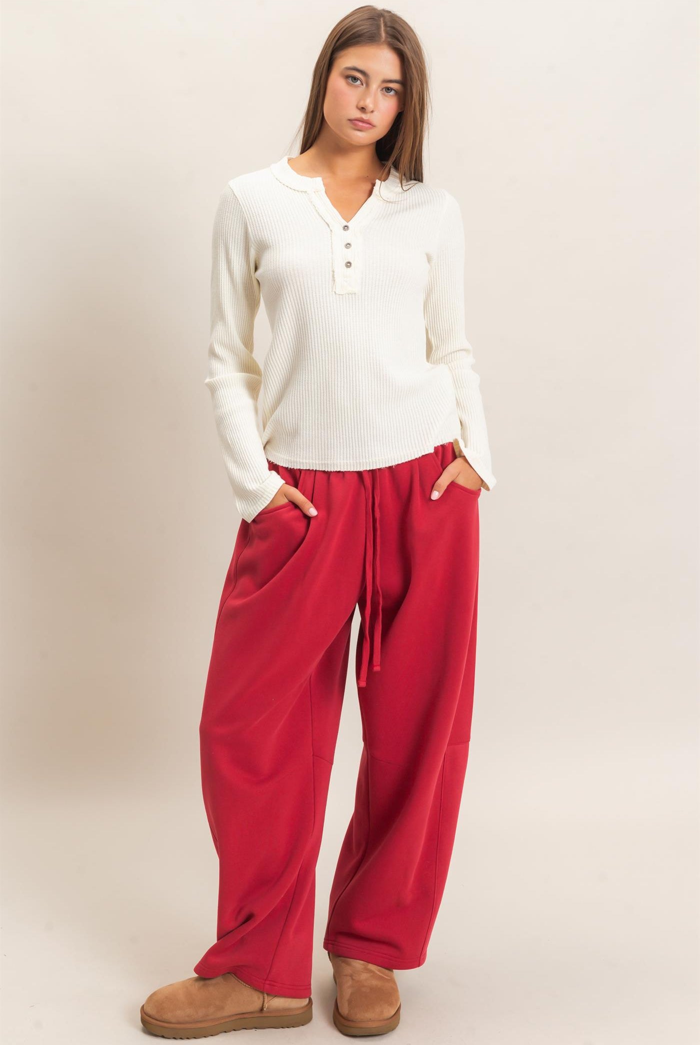 Wholesale Drawstring Waist Barrel Sweatpants Pants DZ26E290 DARK RED DOUBLE ZERO