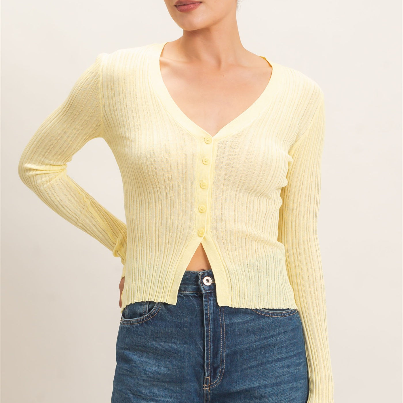 Wholesale Ribbed V-Neck Cardigan Cardigans HF26E154 PASTAL YELLOW HYFVE