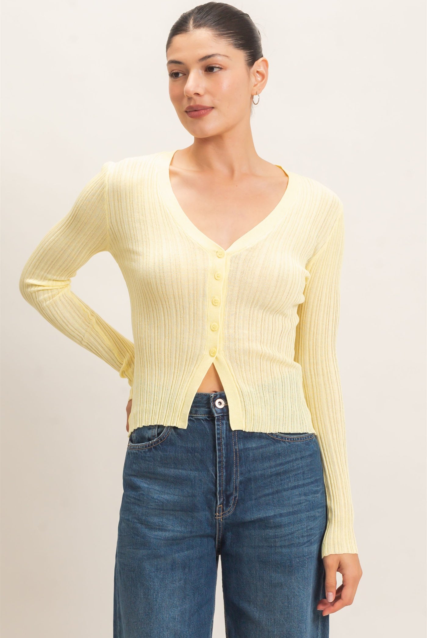 Wholesale Ribbed V-Neck Cardigan Cardigans HF26E154 PASTAL YELLOW HYFVE