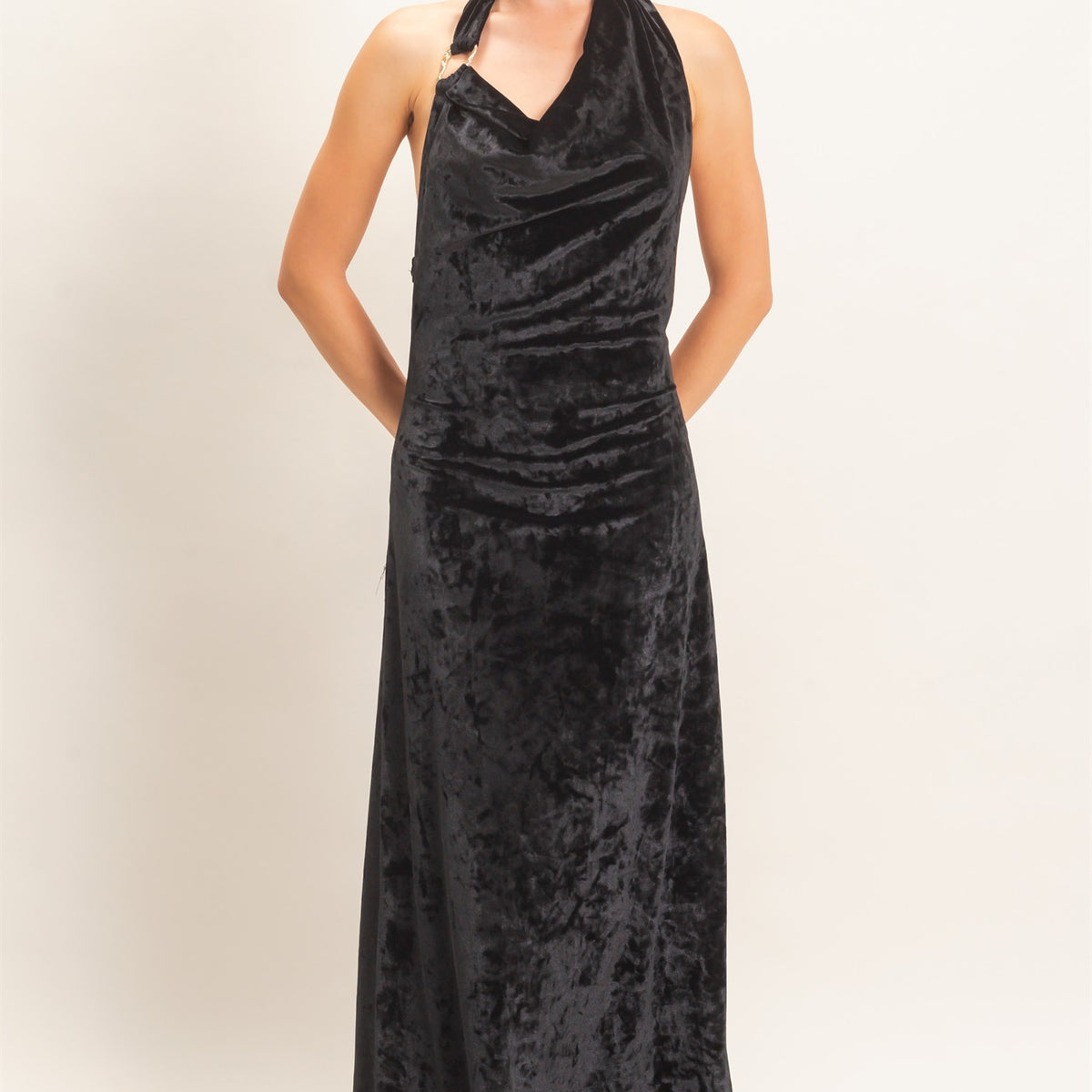 Wholesale Velvet Cowl Neck Halter Dress Dresses HF26F178 BLACK HYFVE