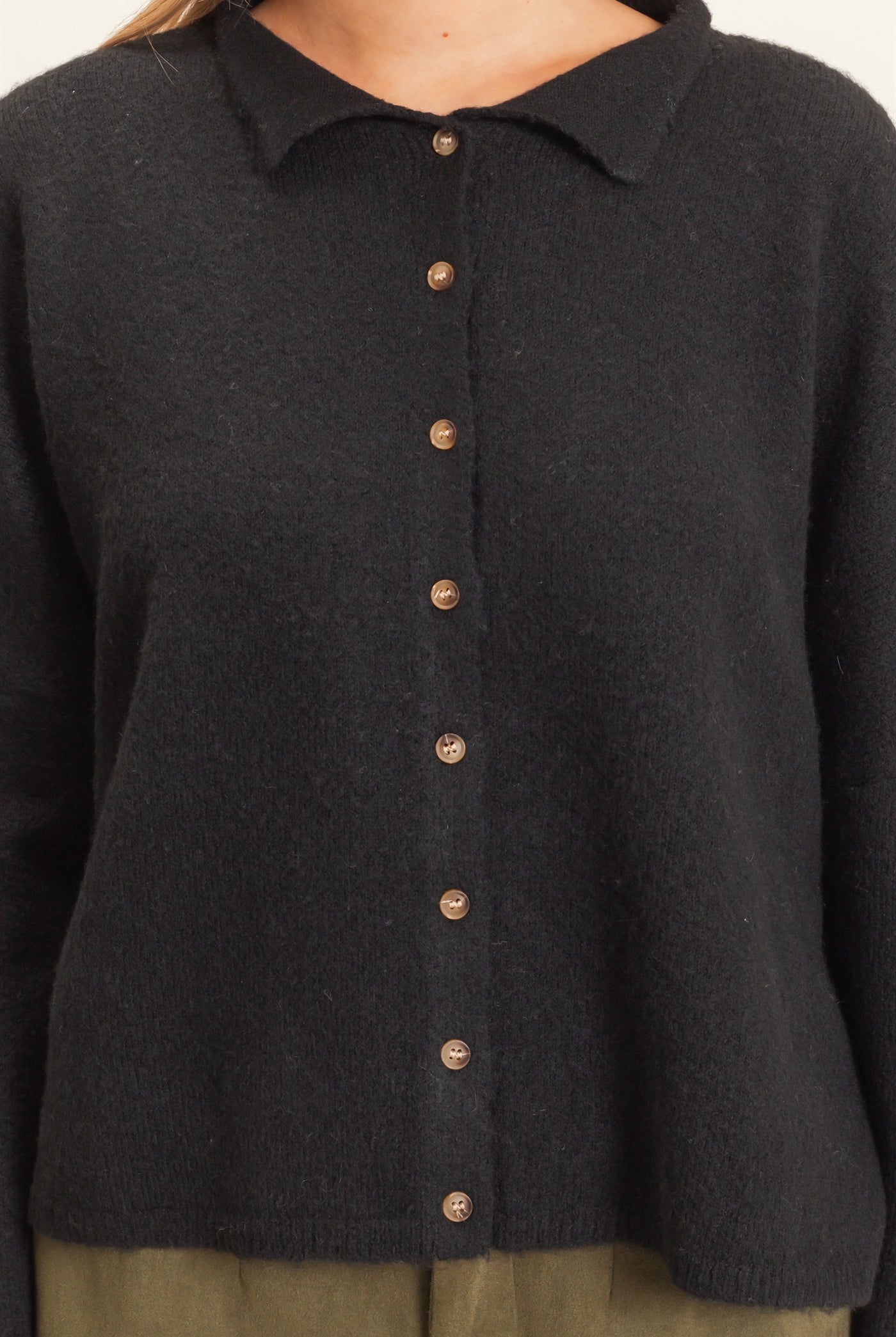 Wholesale Button-Up Collared Sweater Cardigan Cardigans HF26E039 BLACK HYFVE