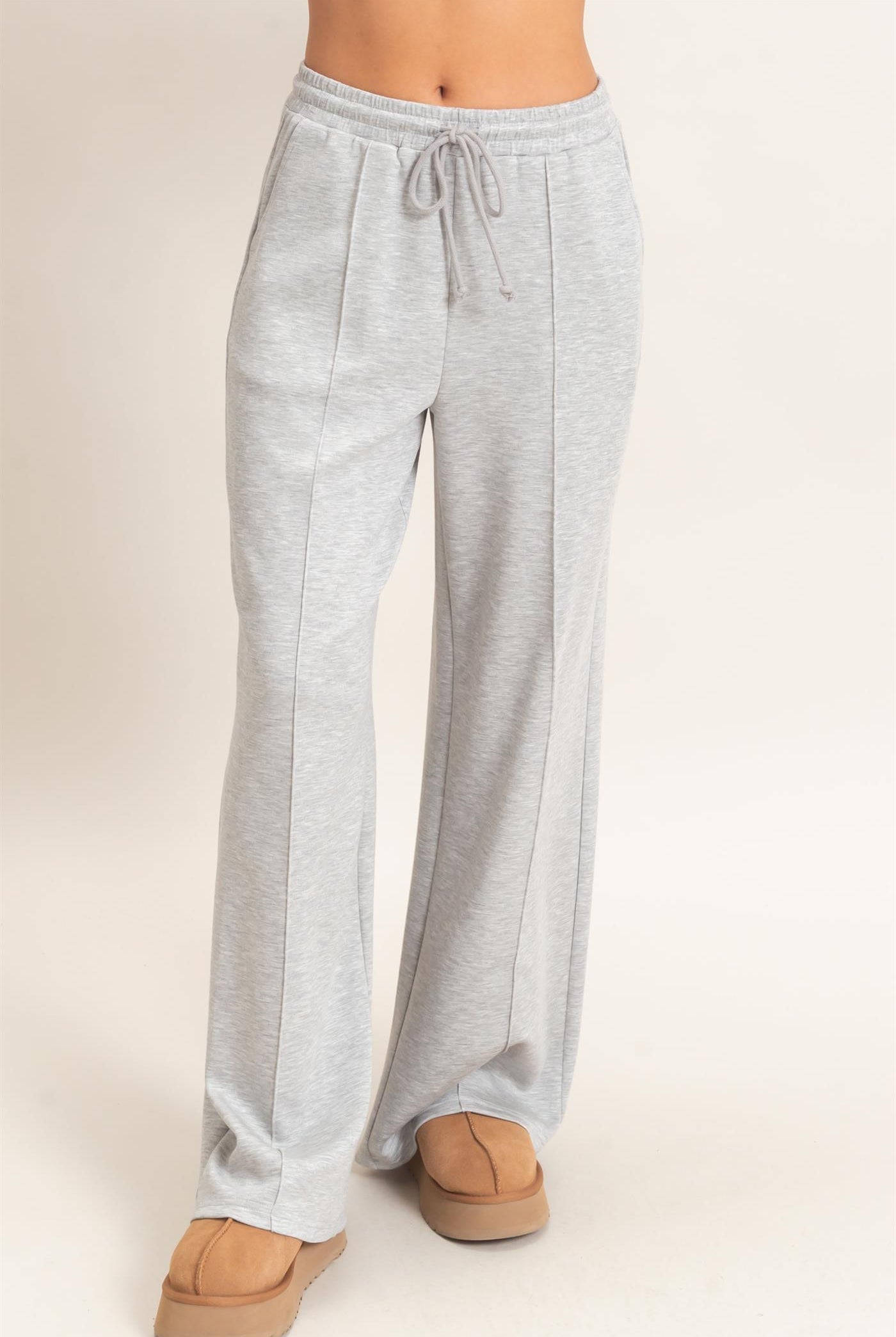 Wholesale Drawstring Waist Pintuck Wide Leg Pants Pants DZ26E384 HEATHER GRAY HYFVE