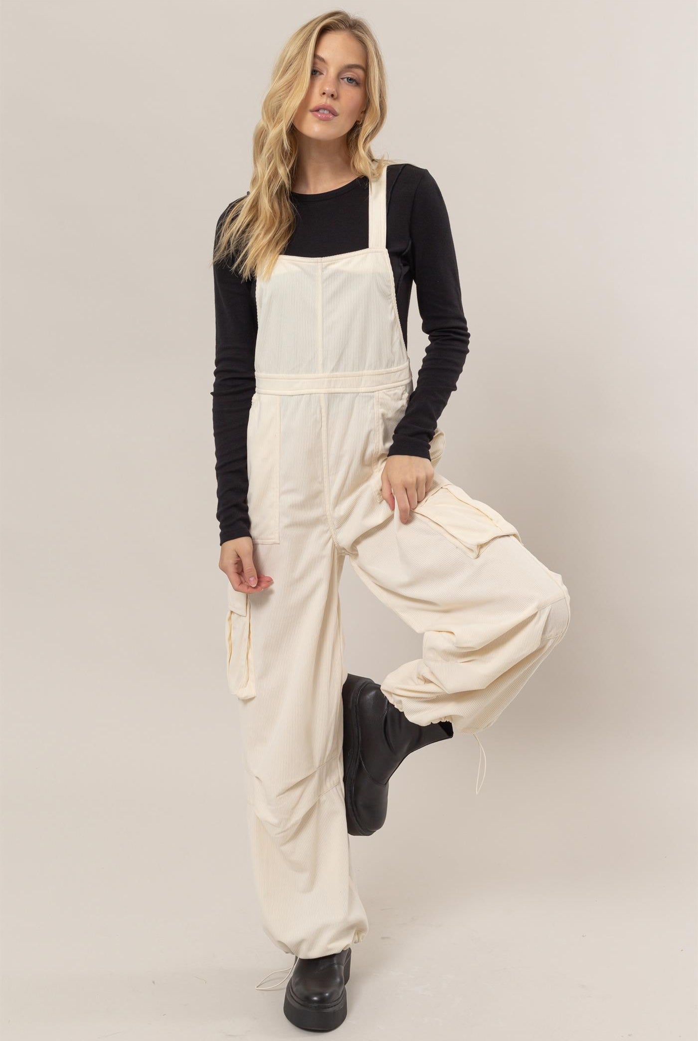 Wholesale Corduroy Cargo Overalls Clothing HF24F288 CREAM HYFVE