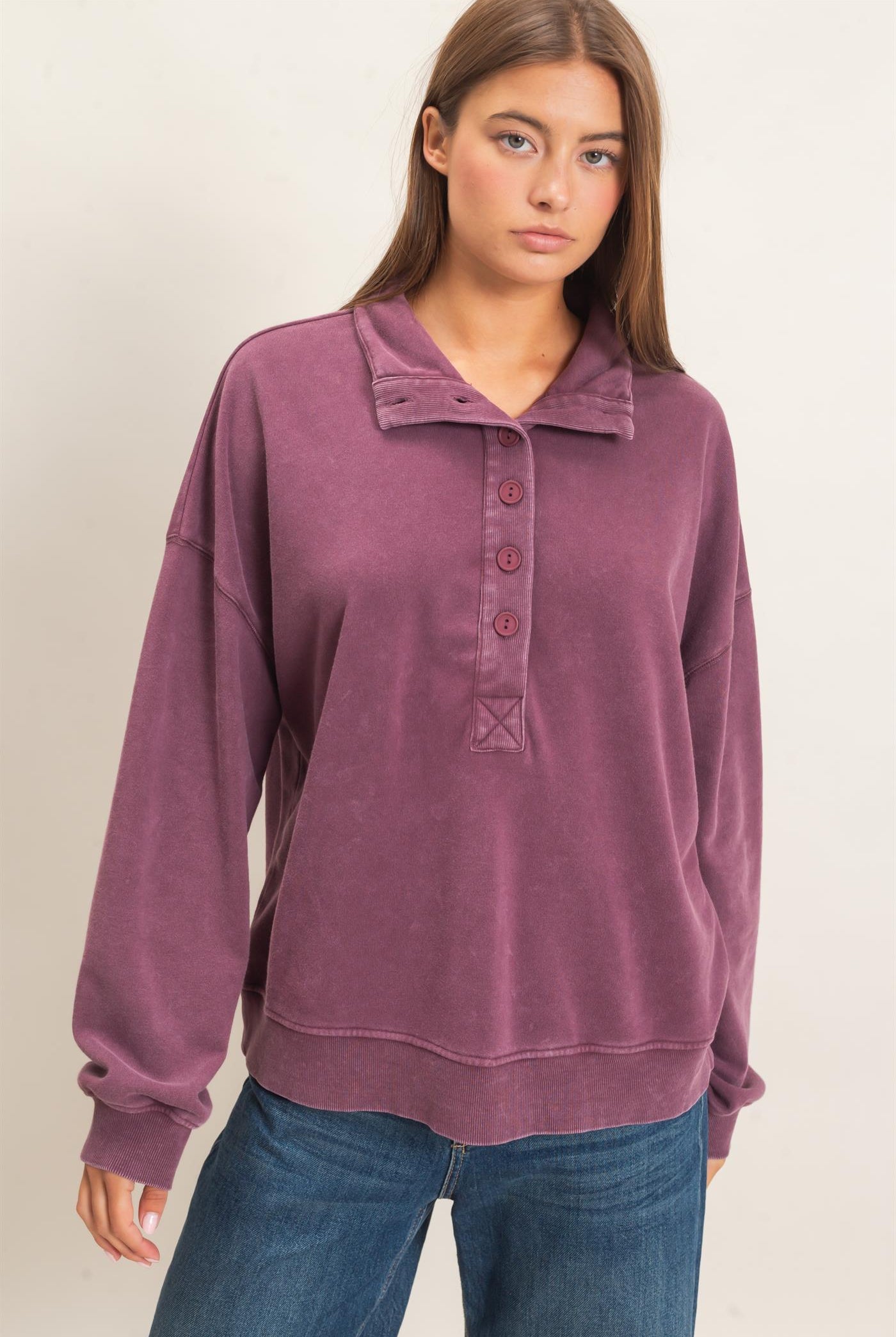 Wholesale Mineral Wash Button Front Sweatshirt Sweatshirts DZ26C909 DARK CHERRY DOUBLE ZERO