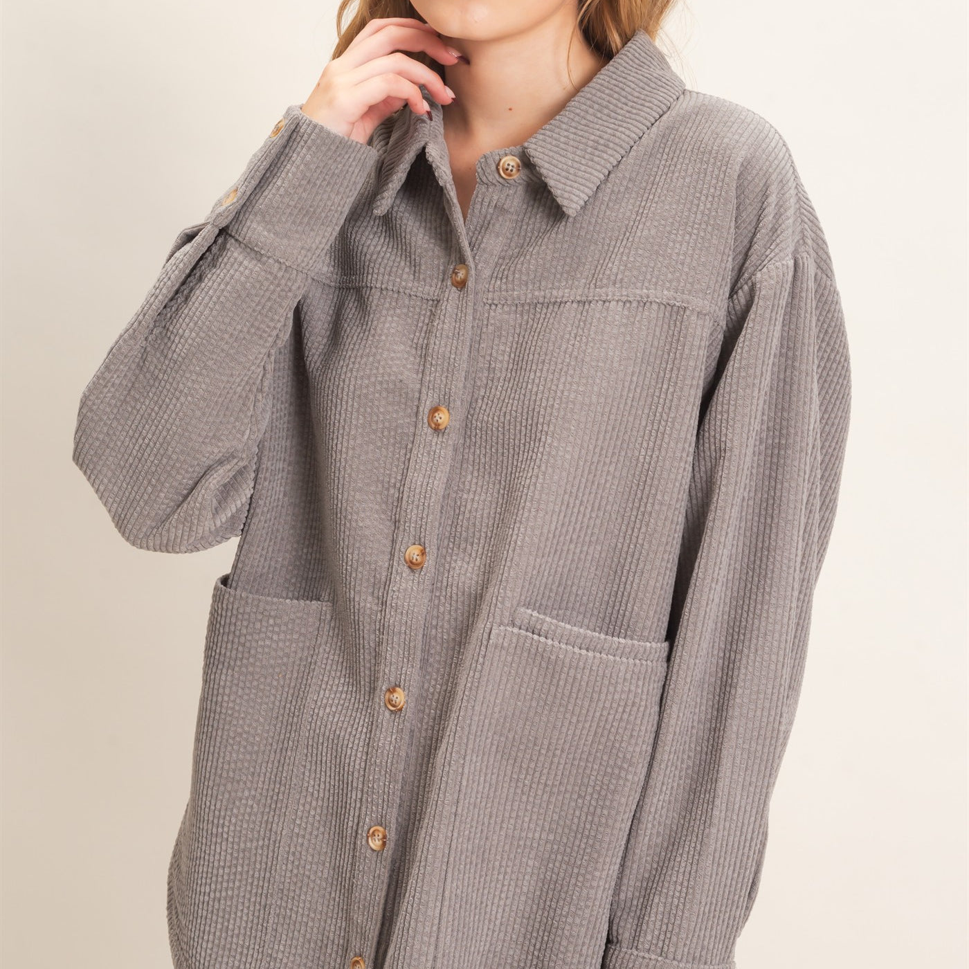 Wholesale Corduroy Button-Up Shirt Outerwear HF26F163 GRAY HYFVE