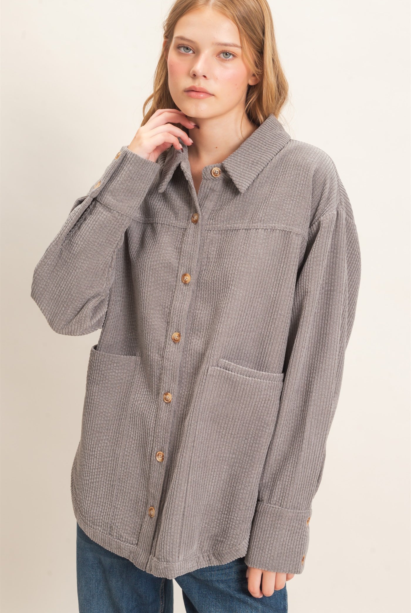 Wholesale Corduroy Button-Up Shirt Outerwear HF26F163 GRAY HYFVE