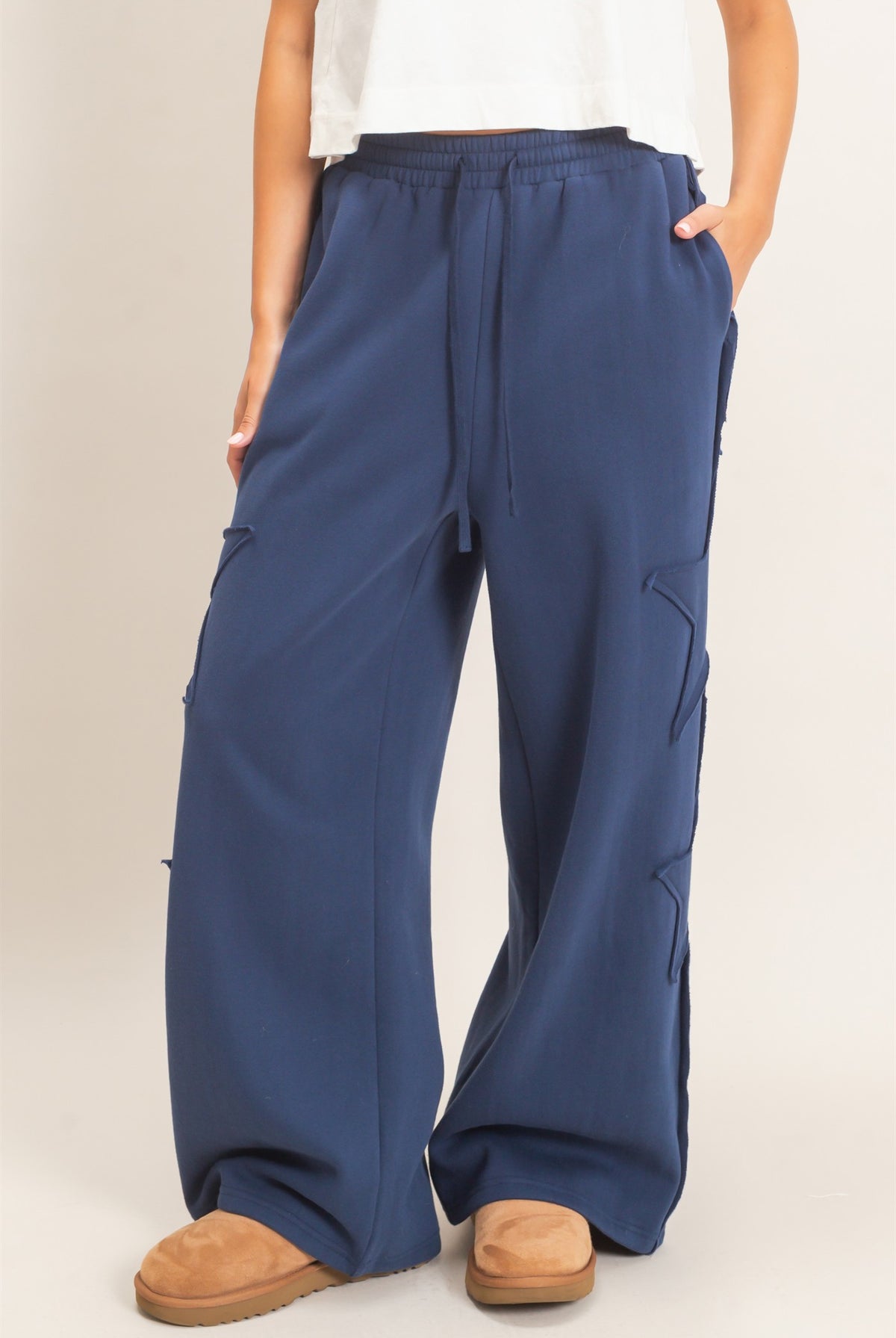 Wholesale French Terry Star Patch Sweatpants Pants DZ27A197 NAVY DOUBLE ZERO
