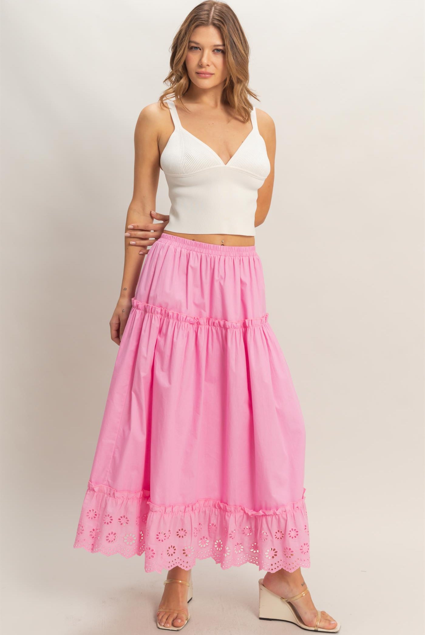 Wholesale Tiered Eyelet Maxi Skirt Skirts HF26C313 PINK HYFVE