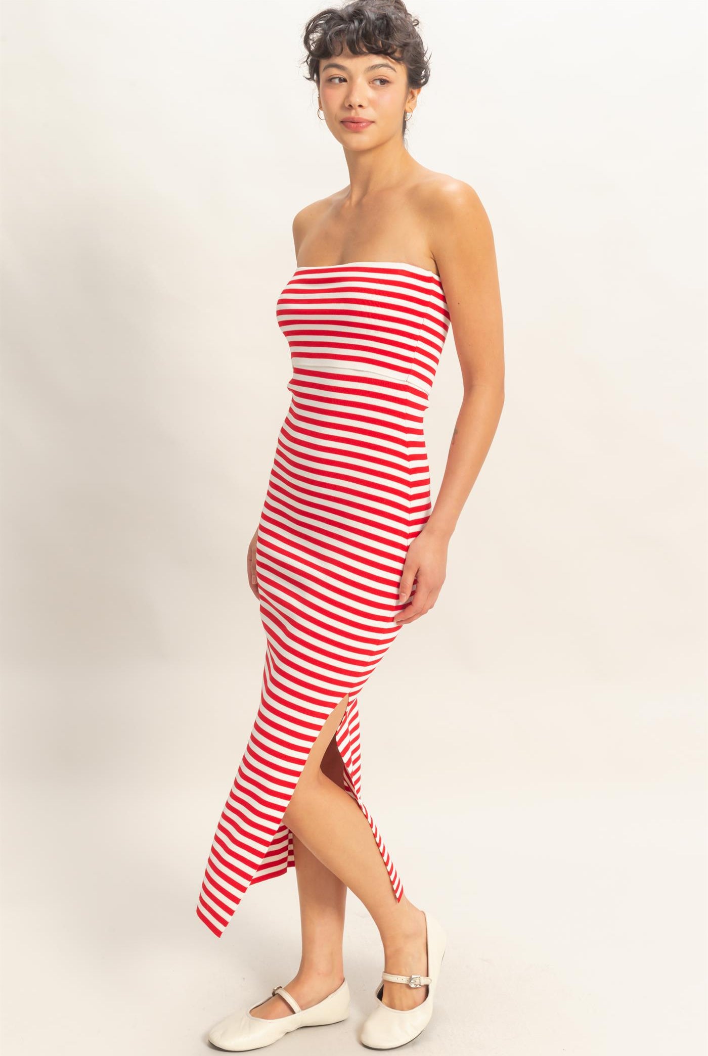 Wholesale Strapless Striped Bodycon Midi Dress Dresses DZ26C336 RED DOUBLE ZERO