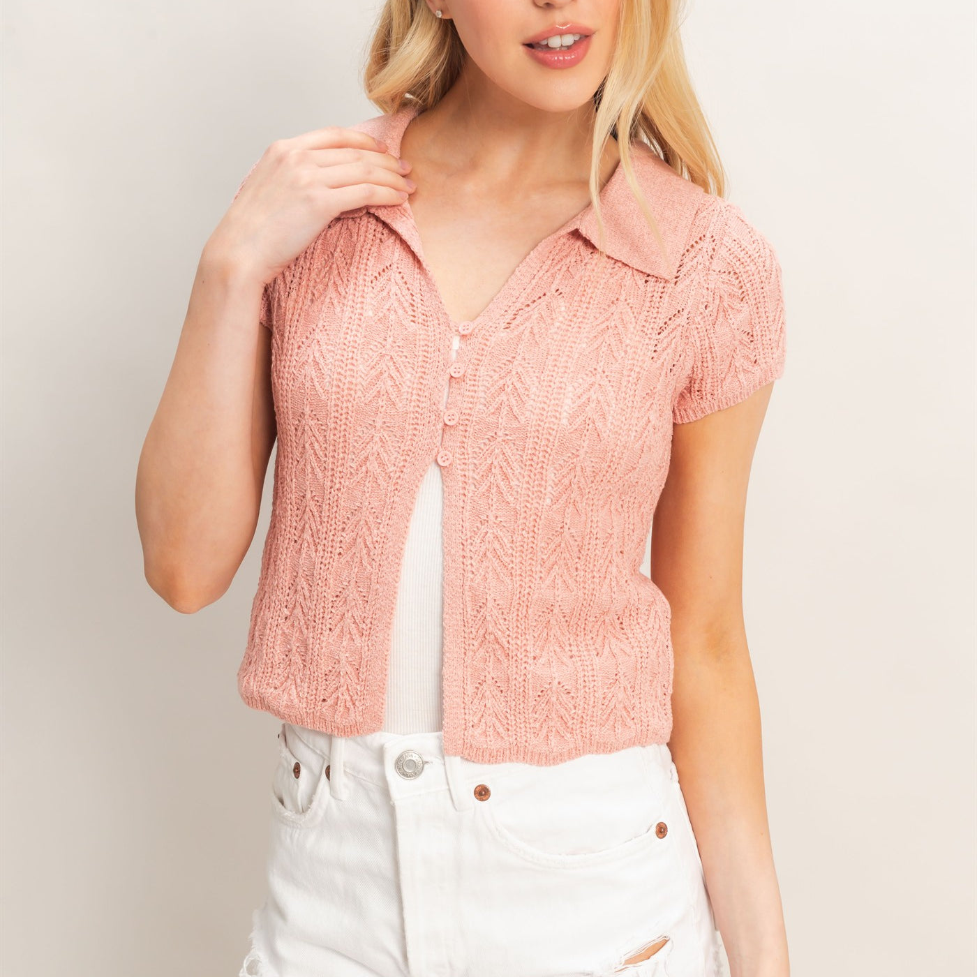 Wholesale Pointelle Knit Collared Cardigan Clothing Tops HF26A856 LIGHT MAUVE HYFVE