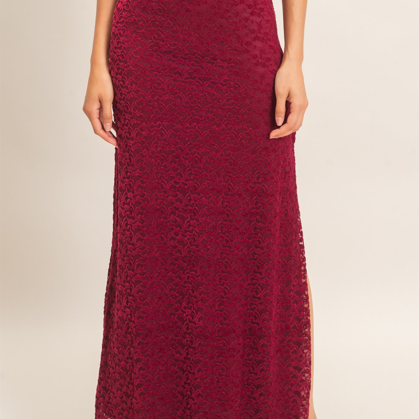 Wholesale Velvet Lace Maxi Skirt Skirts HF26E702 BURGUNDY HYFVE