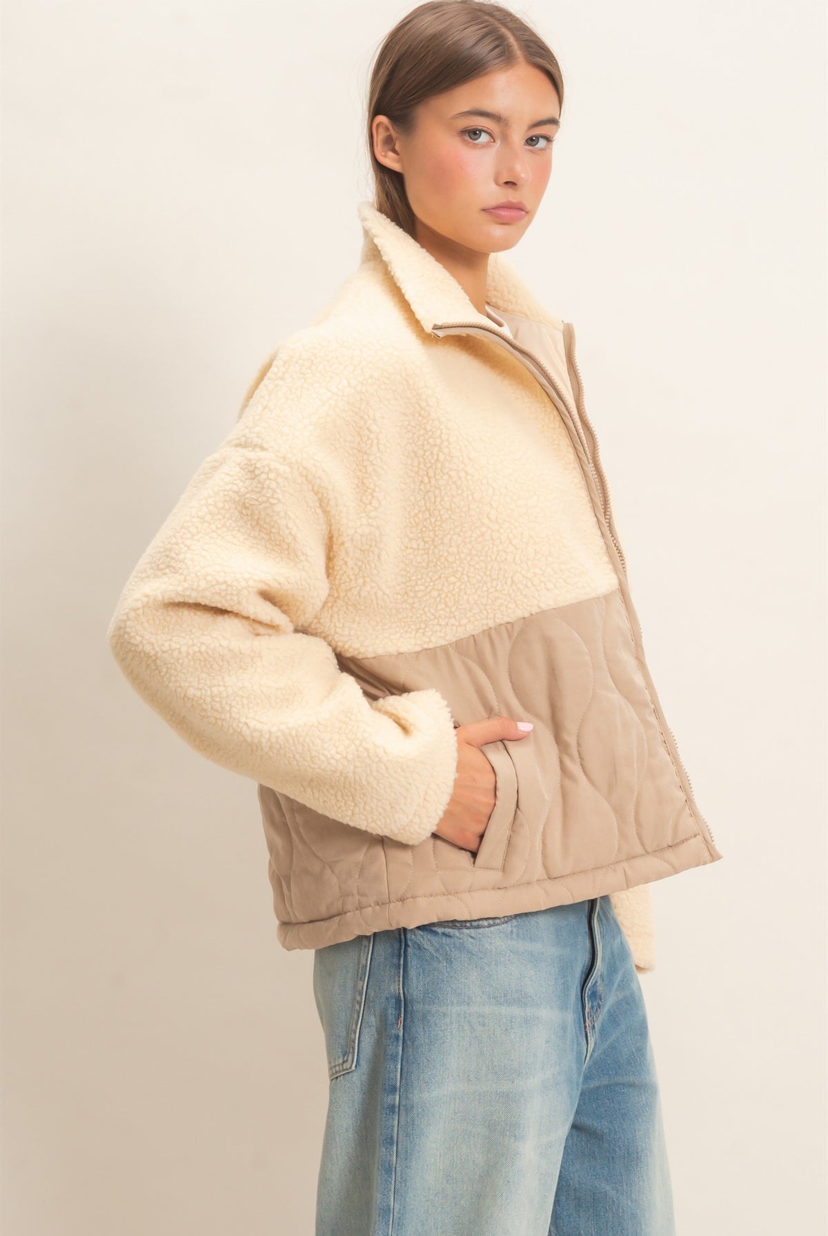 Wholesale Quilted Sherpa Zip Up Jacket Coats & Jackets DZ26F259 TAUPE DOUBLE ZERO